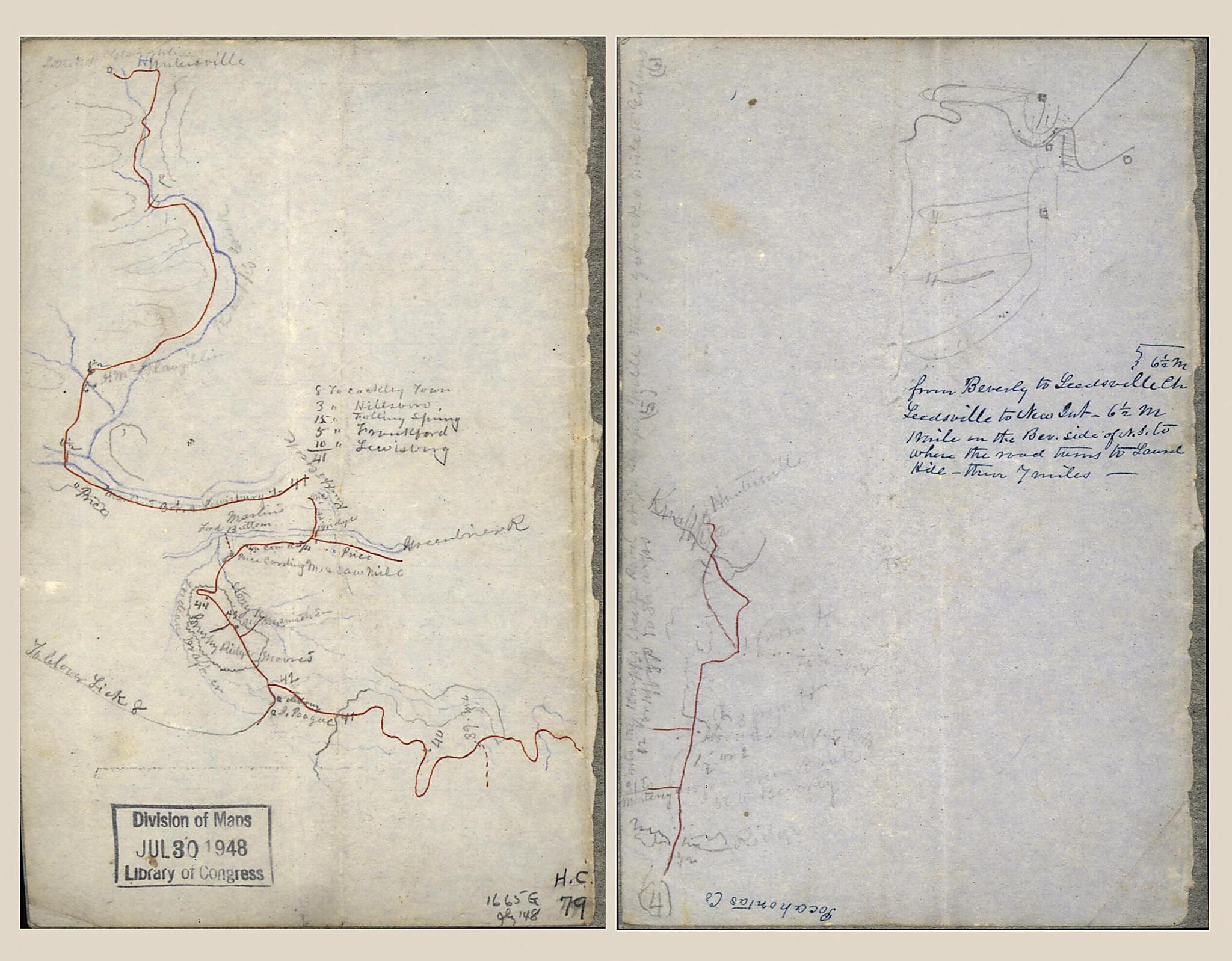 This old map of Two Sketches On One Sheet of the Road from Huntersville, W. Va. Along Knap Creek to the Greenbrier River, and from the Greenbrier River Across Brushy Ridge from 1861 was created by in 1861