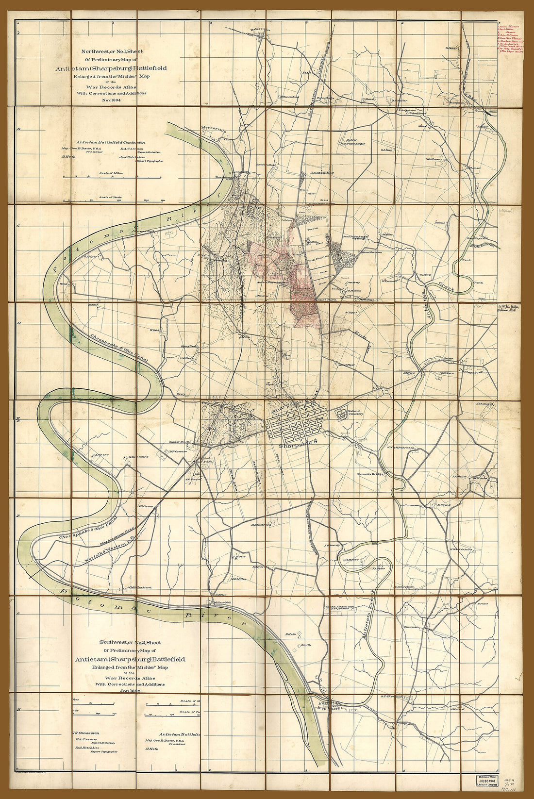 This old map of Northwest, Or No. 1 Sheet of Preliminary Map of Antietam (Sharpsburg) Battlefield ; Southwest, Or No. 2 Sheet of Preliminary Map of Antietam (Sharpsburg) Battlefield (5) from 1894 was created by Jedediah Hotchkiss, N. (Nathaniel) Michler