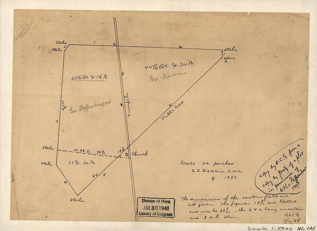 This old map of Survey of the Property of George Poffenberger and Mrs. Nicodemus In Washington County, Md. from 1883 was created by S. S. Downin in 1883