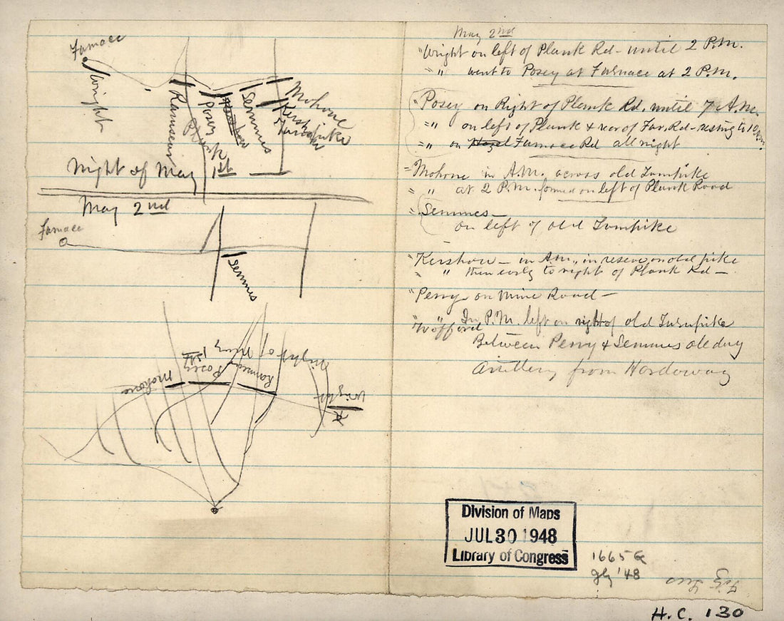 This old map of Pencil Sketches of Confederate Troop Positions Along the Furnace Road South of Chancellorsville, On the night of May 1st and May 2nd from 1863 was created by in 1863