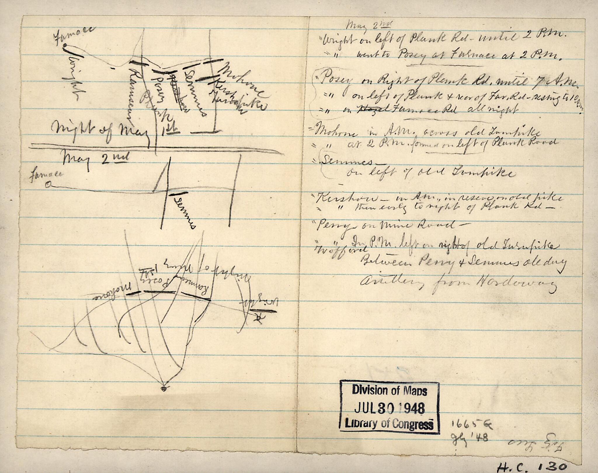 This old map of Pencil Sketches of Confederate Troop Positions Along the Furnace Road South of Chancellorsville, On the night of May 1st and May 2nd from 1863 was created by in 1863