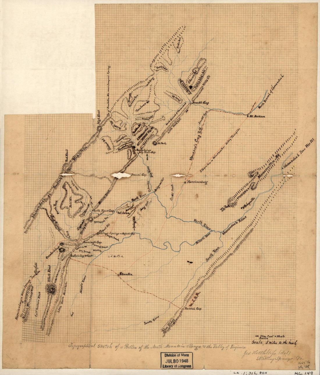 This old map of Topographical Sketch of a Portion of the North Mountain Range & the Valley of Virginia from 1863 was created by Jedediah Hotchkiss in 1863
