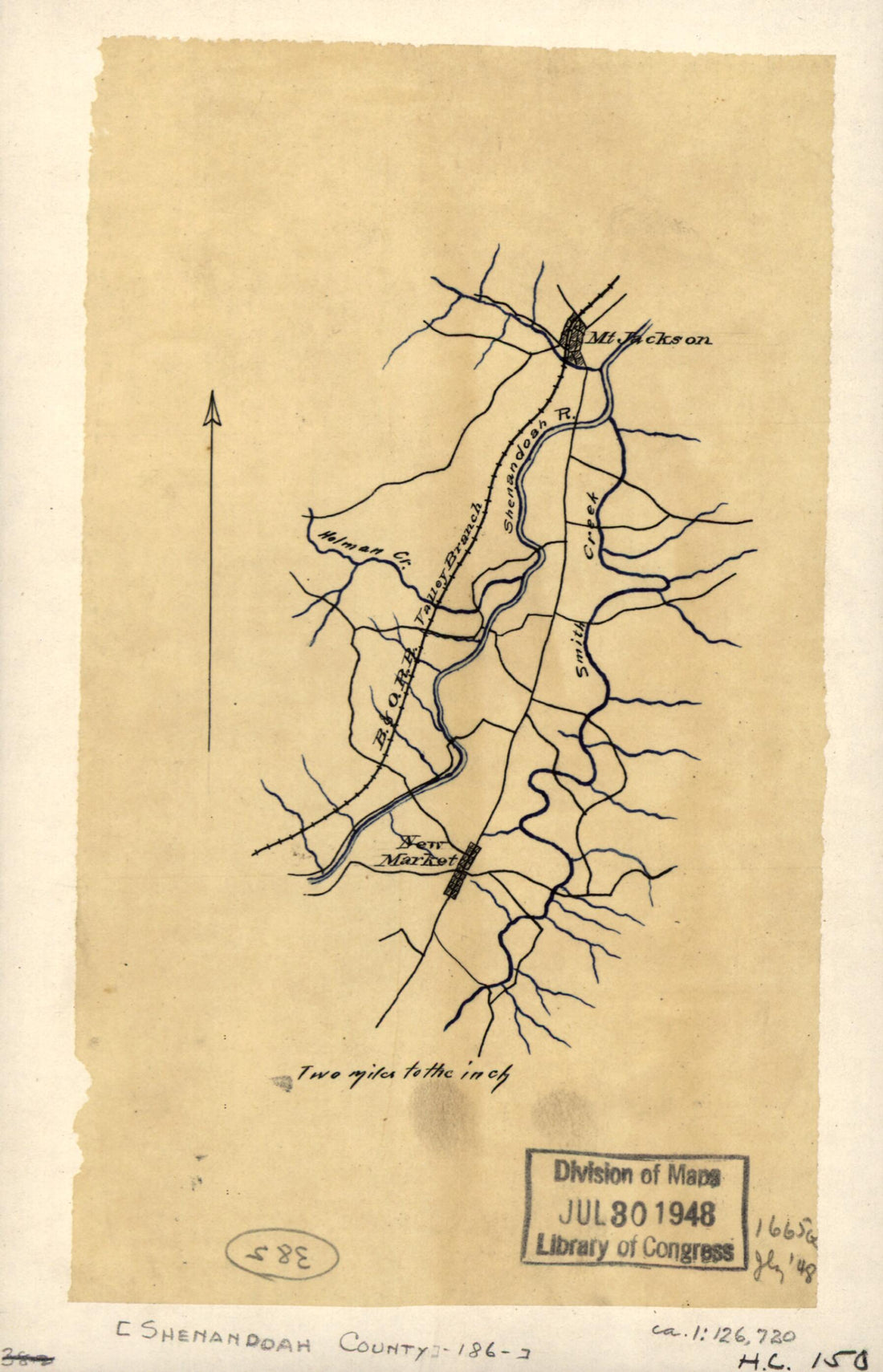 This old map of Map of Shenandoah County Between Mt. Jackson and New Market, Virginia from 1863 was created by in 1863