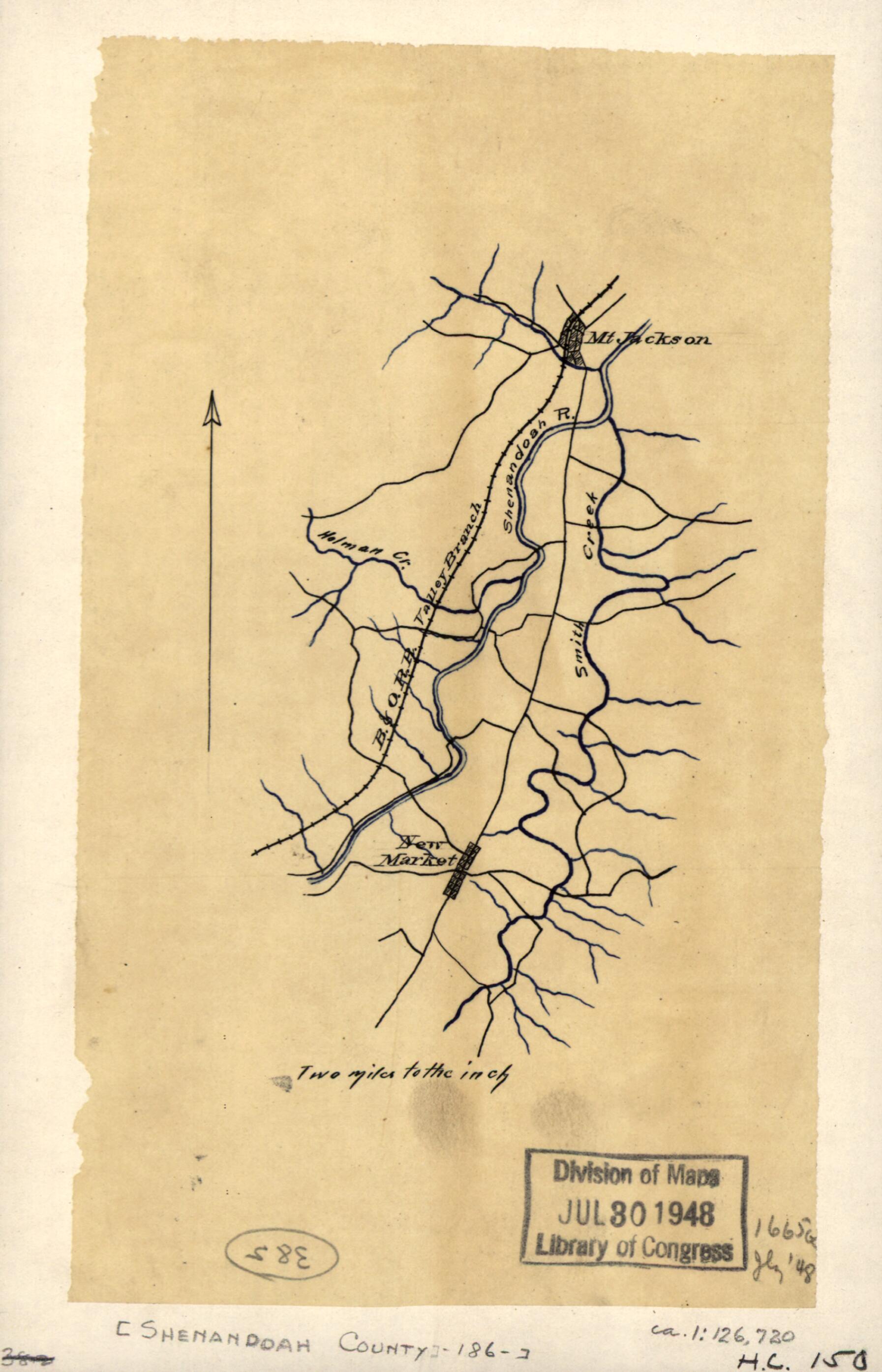 This old map of Map of Shenandoah County Between Mt. Jackson and New Market, Virginia from 1863 was created by in 1863