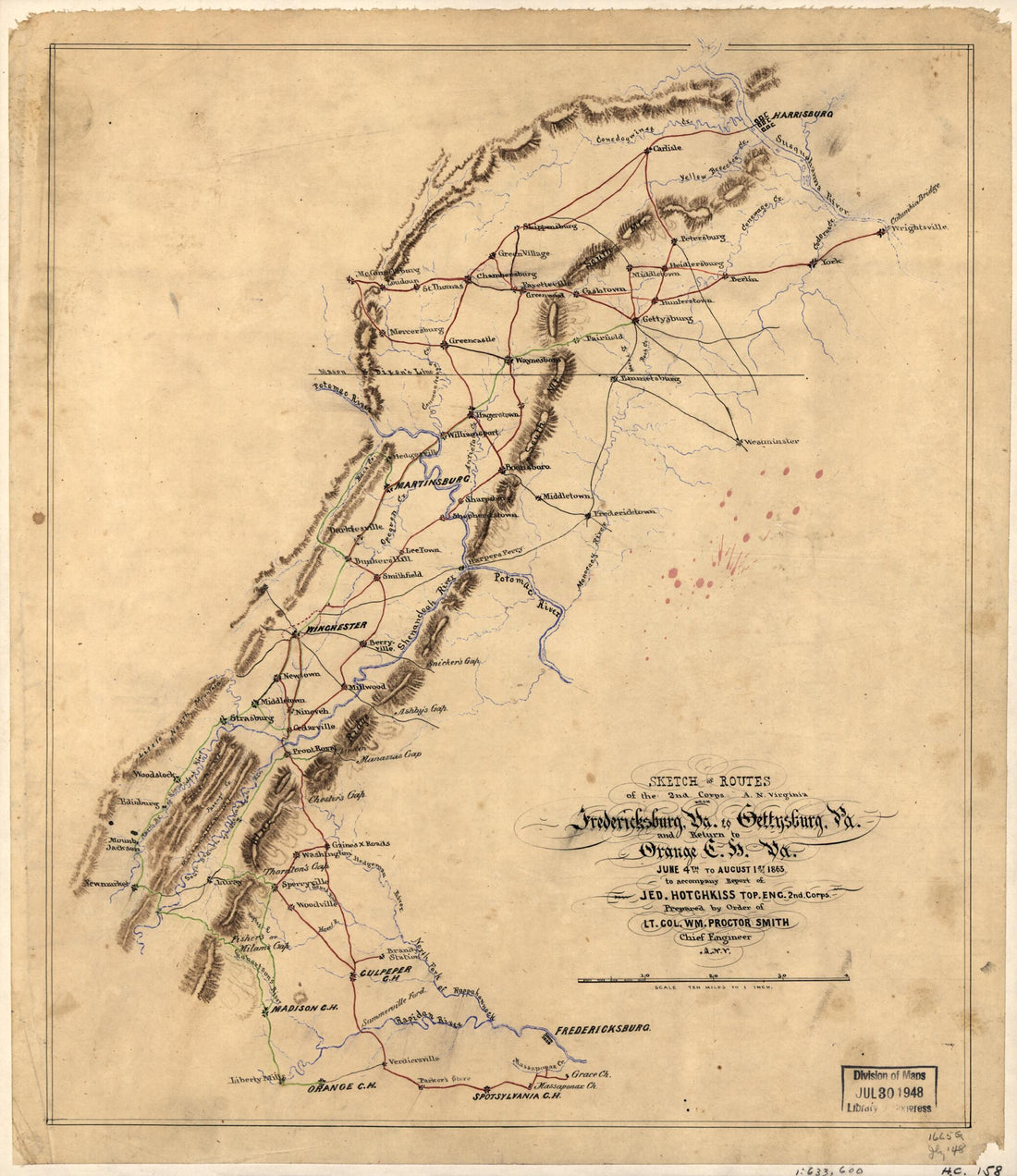 This old map of Sketch of Routes of the 2nd Corps A.N. Virginia from Fredericksburg, Va. to Gettysburg, Pennsylvania and Return to Orange C.H. Va., June 4th to August 1st from 1863 was created by Jedediah Hotchkiss, Wm. P. (William Proctor) Smith in 1863