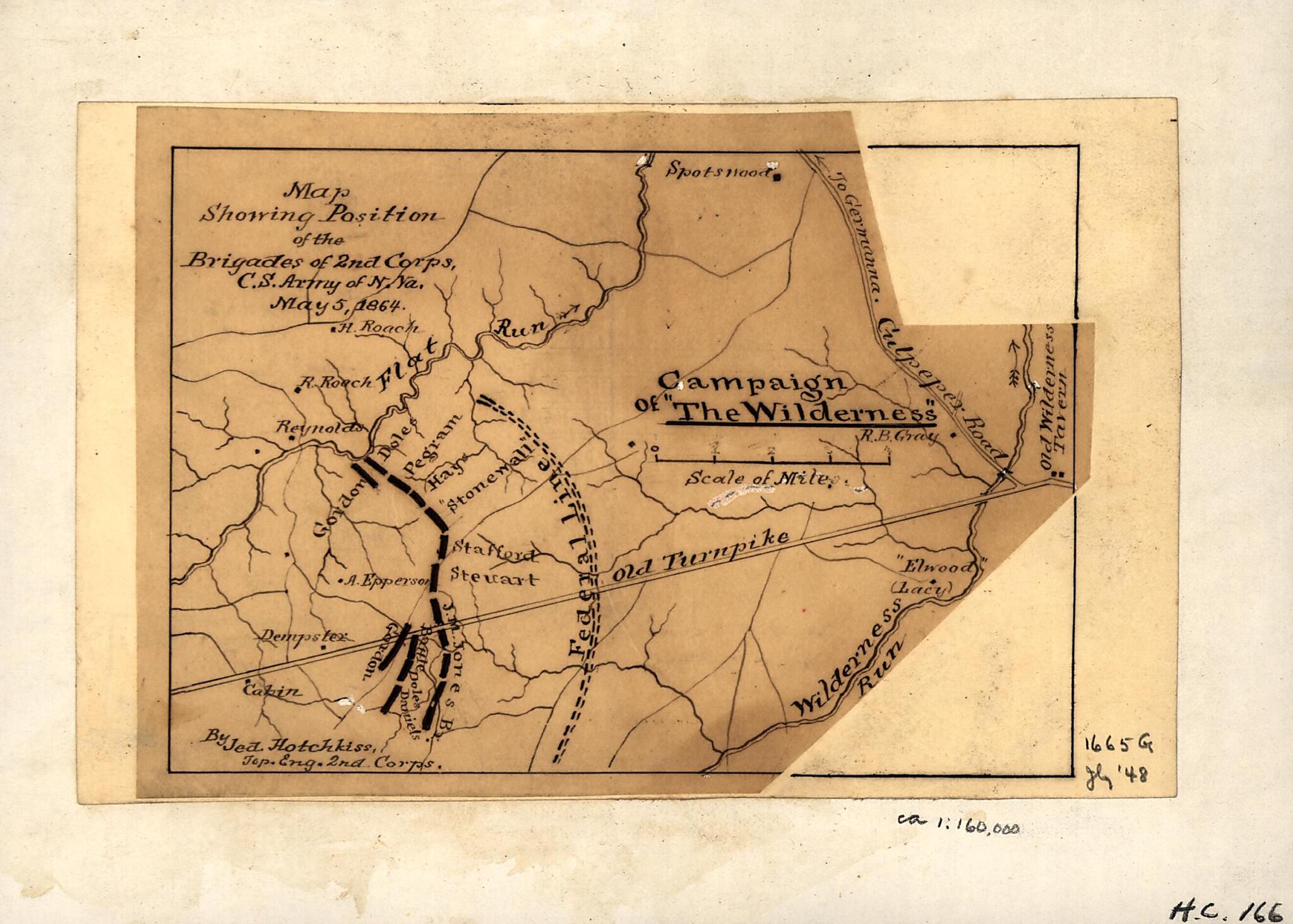 This old map of Map Showing Position of the Brigades of 2nd Corps, C.S. Army of N. Va., May 5, from 1864 (Campaign of The Wilderness) was created by Jedediah Hotchkiss in 1864