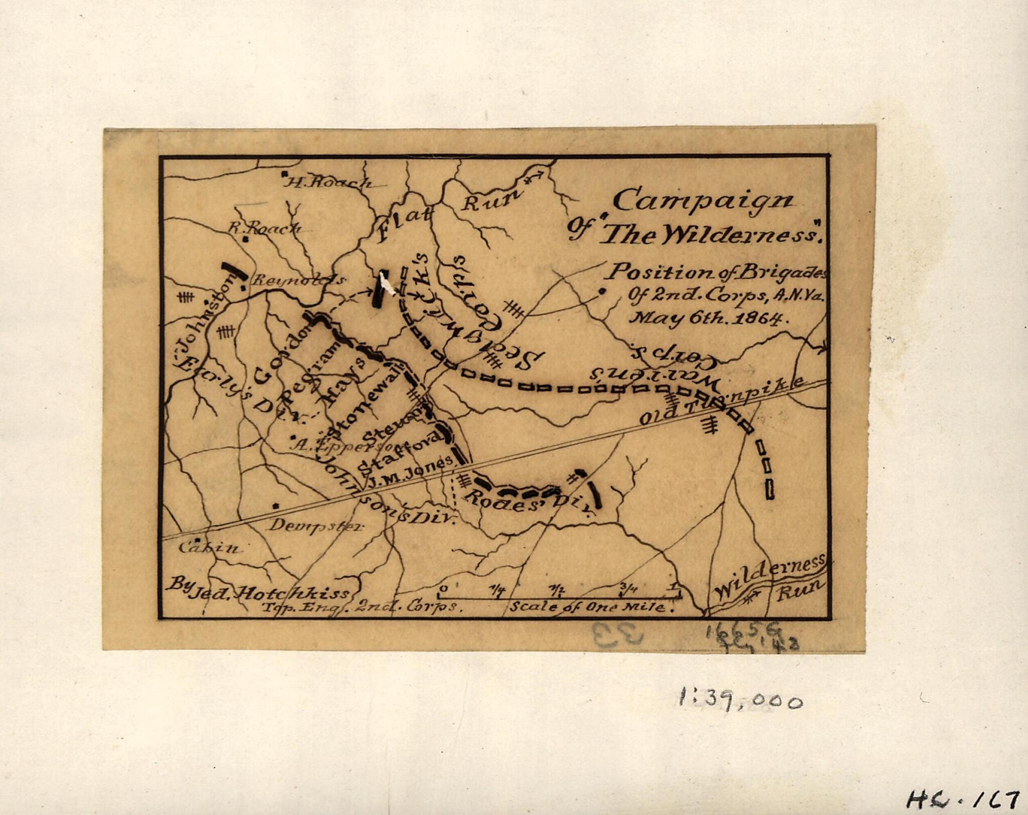 This old map of Campaign of The Wilderness, Position of Brigades of 2nd Corps, A.N. Va. May 6th, from 1864 was created by Jedediah Hotchkiss in 1864
