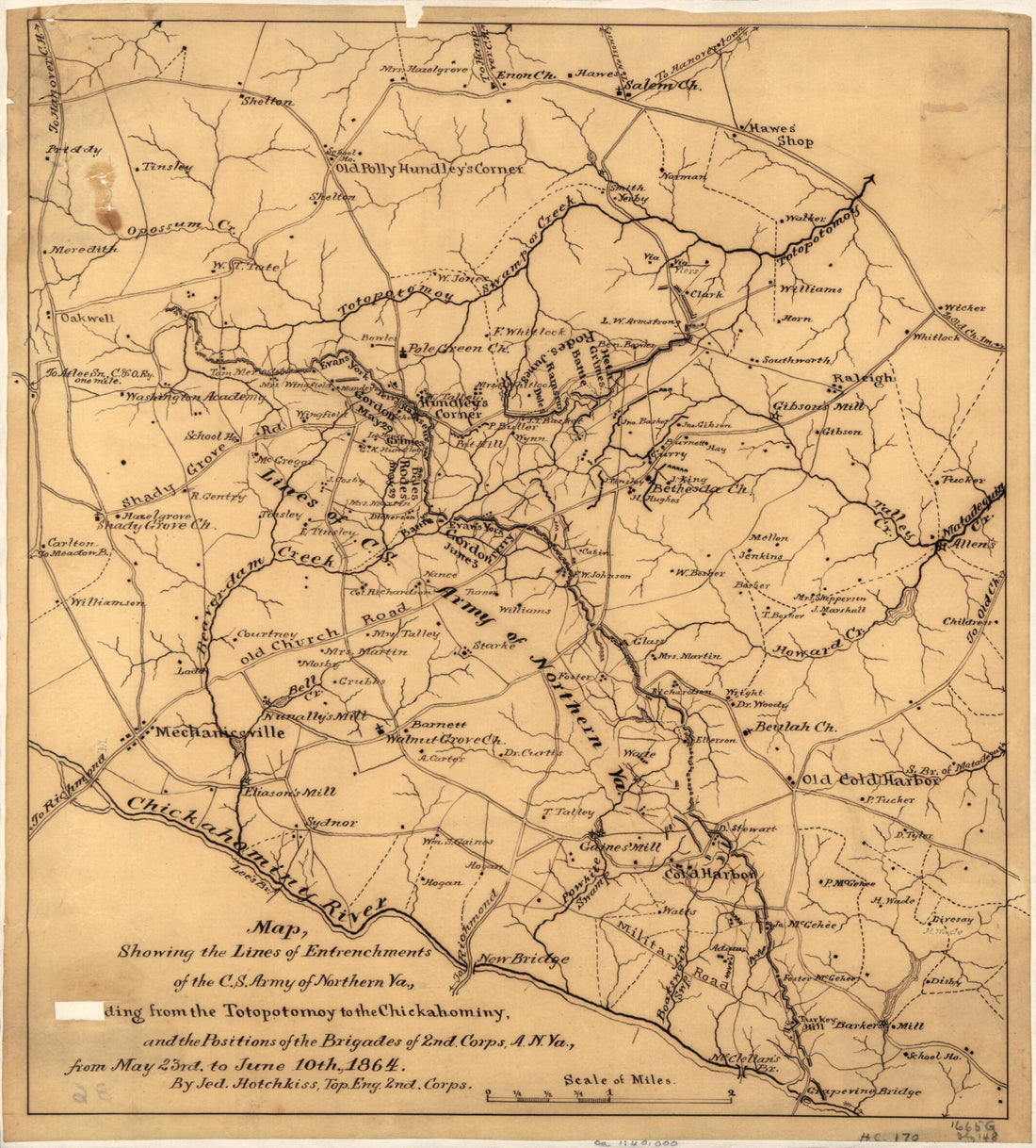 This old map of Map Showing the Lines of Entrenchments of the C.S. Army of Northern Va., extending from the Totopotomoy to the Chickahominy, and the Positions of the Brigades of the 2nd Corps, A.N. Va., from May 23rd to June 10, from 1864 was created by