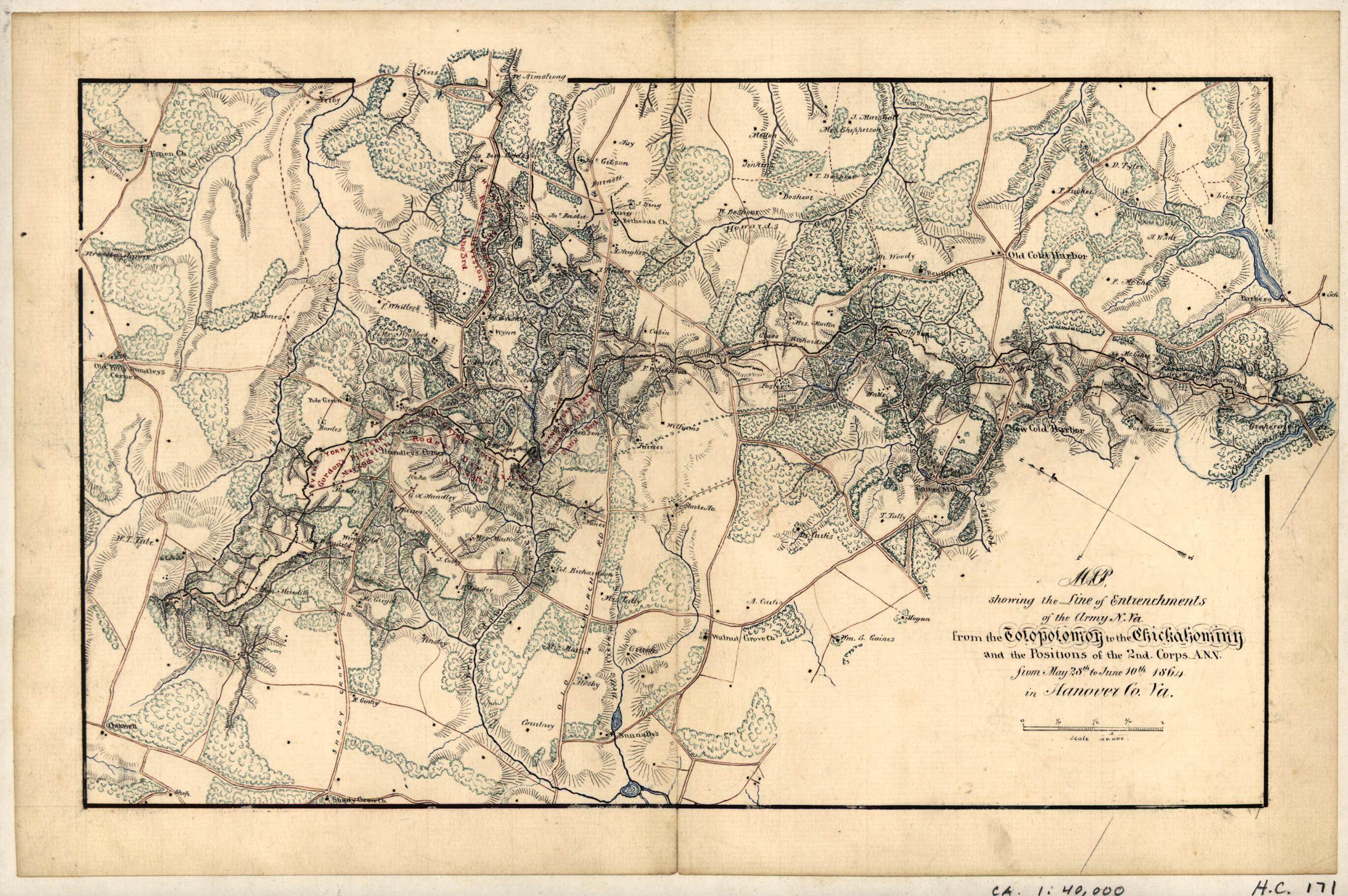This old map of Map Showing the Line of Entrenchments of the Army N. Va. from Totopotomoy to the Chickahominy and the Positions of the 2nd Corps, A.N.V. from May 28th to June 10th from 1864 In Hanover Co., Va was created by in 1864