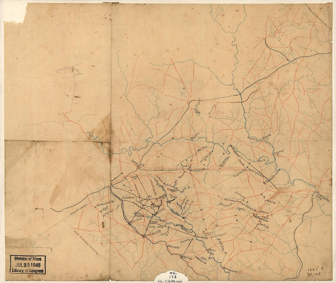 This old map of Map of Portions of Orange, Louisa, Spotsylvania, and Culpeper Counties, Virginia from 1864 was created by in 1864