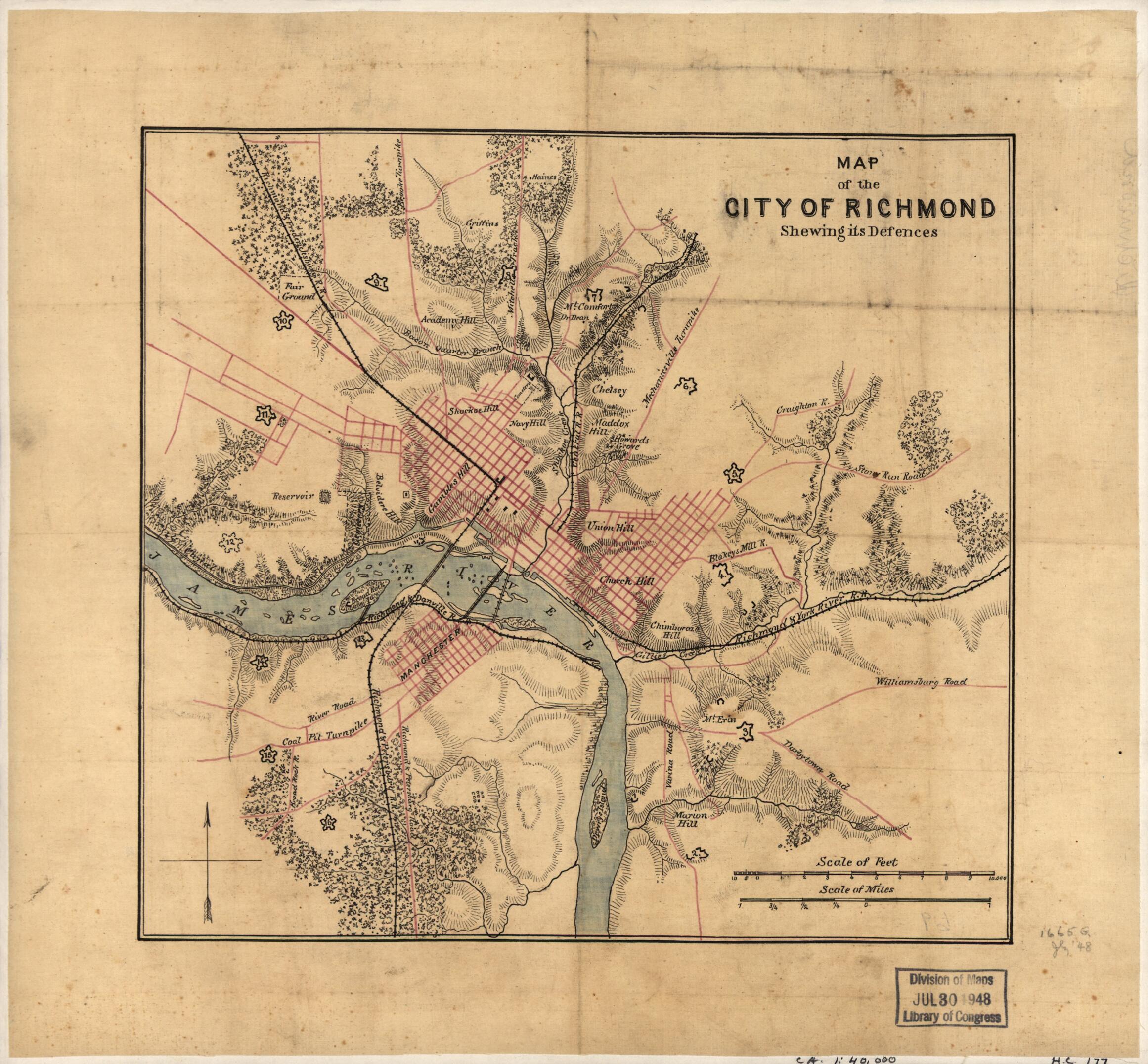 This old map of Map of the City of Richmond Shewing Its Defences from 1864 was created by in 1864