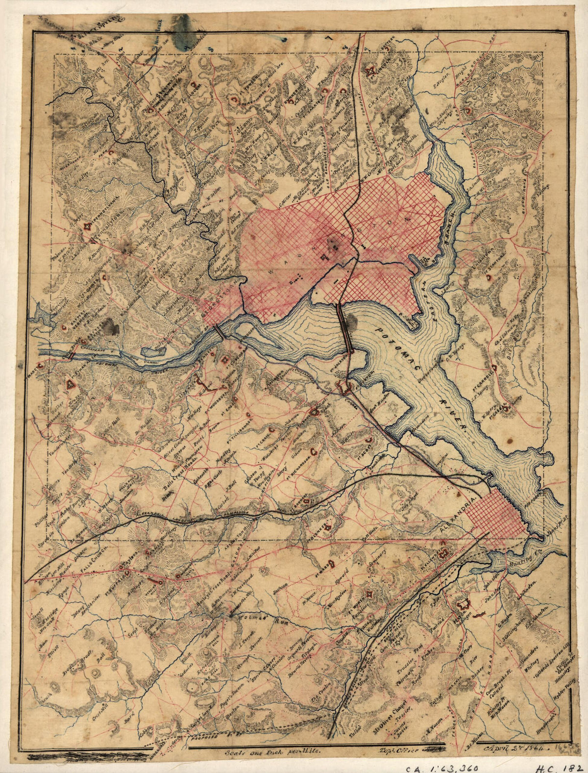 Topographical Map of the District of Columbia and Adjacent Areas In Virginia, Showing Fortifications 1864 by Relic Map Company