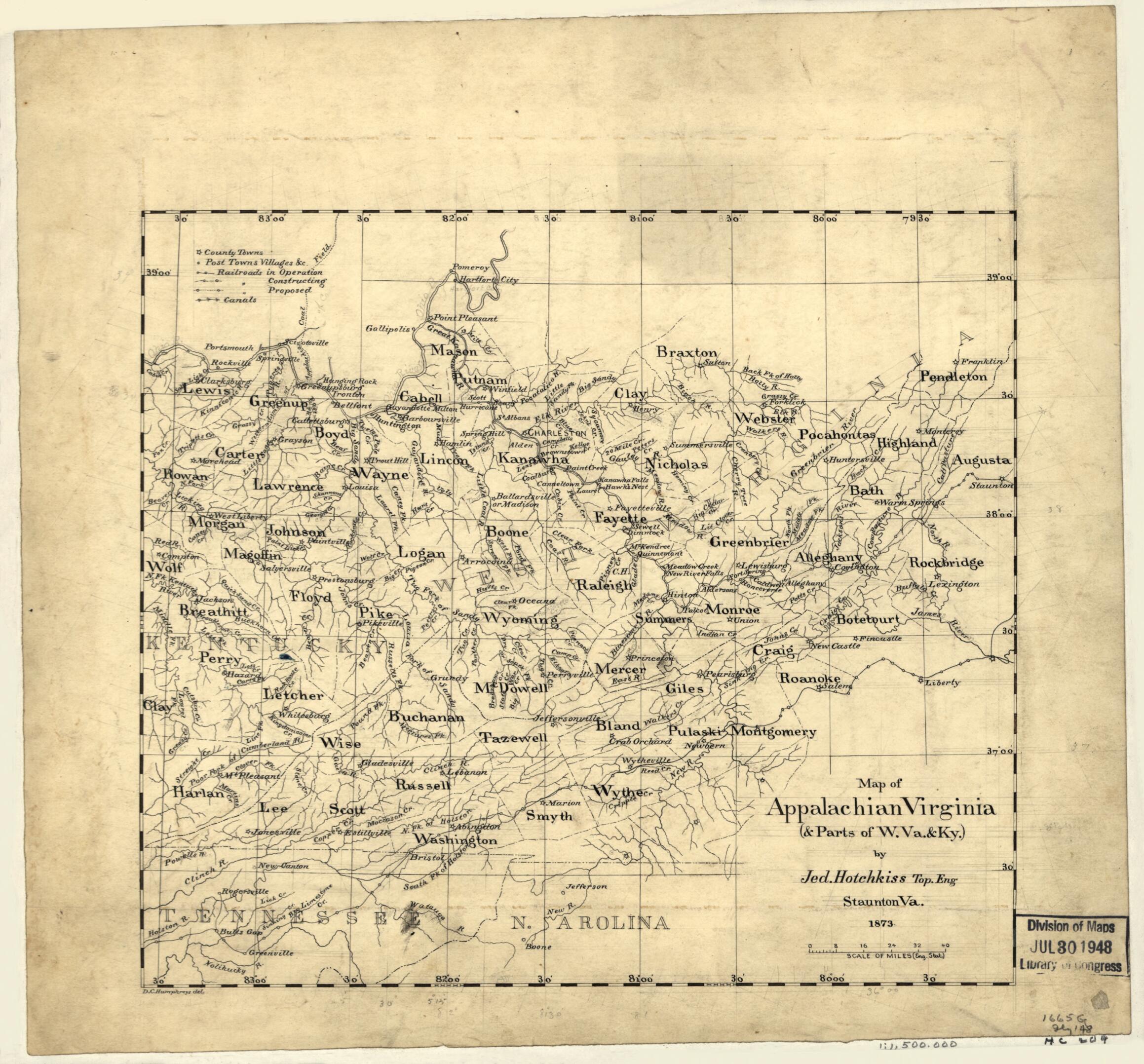 This old map of Map of Appalachian Virginia (& Parts of W. Va. & Ky.) (Map of Appalachian Virginia (and Parts of West Virginia and Kentucky)) from 1873 was created by Jedediah Hotchkiss, D. C. Humphreys in 1873