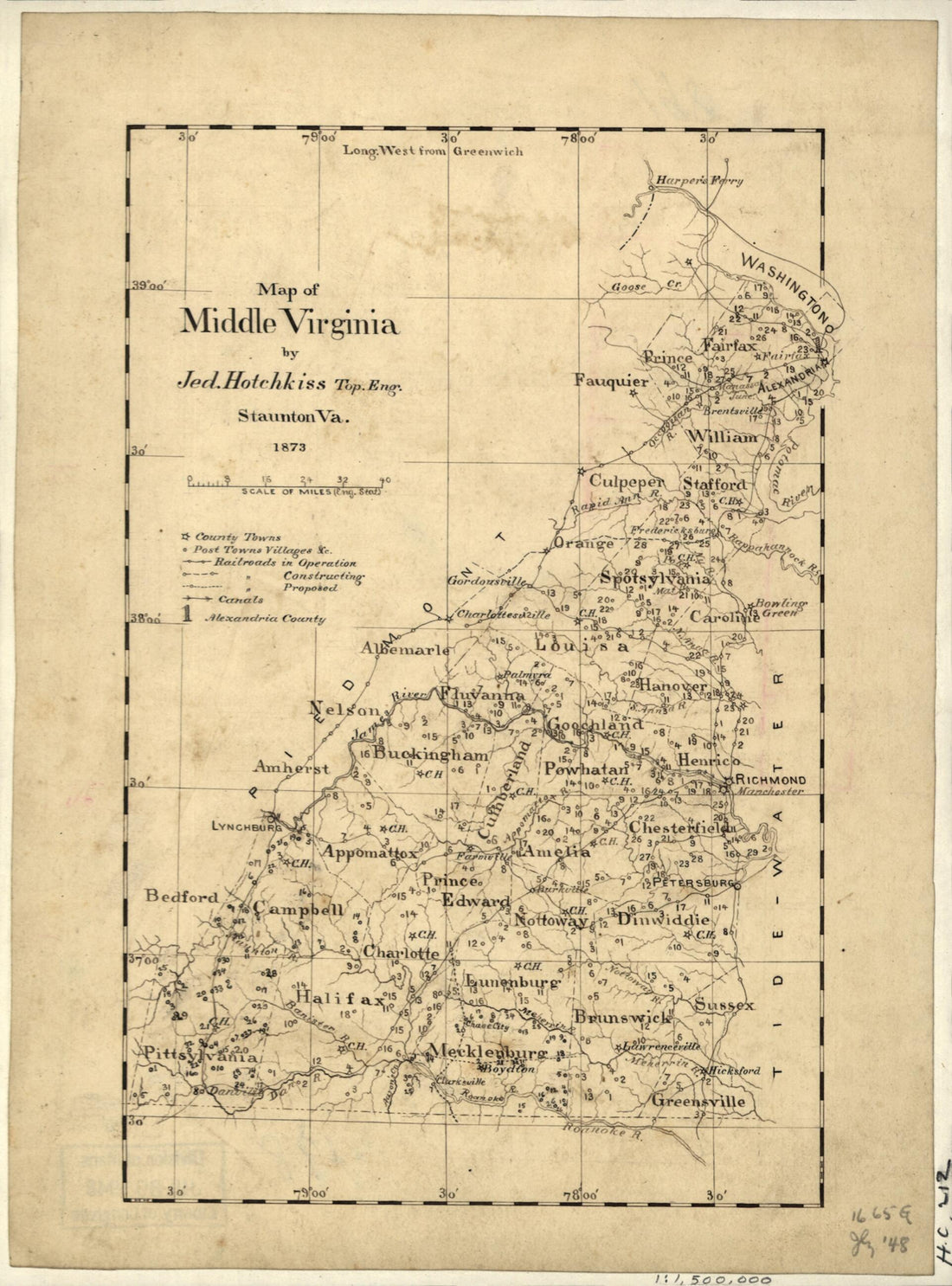 This old map of Map of Middle Virginia (Middle Virginia) from 1873 was created by Jedediah Hotchkiss in 1873