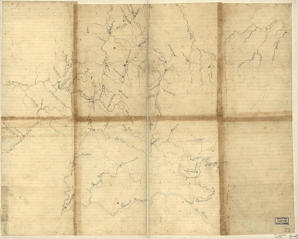 Sketch of Central West Virginia, Showing Drainage Between Clarksburg and Charleston 1870 by Relic Map Company