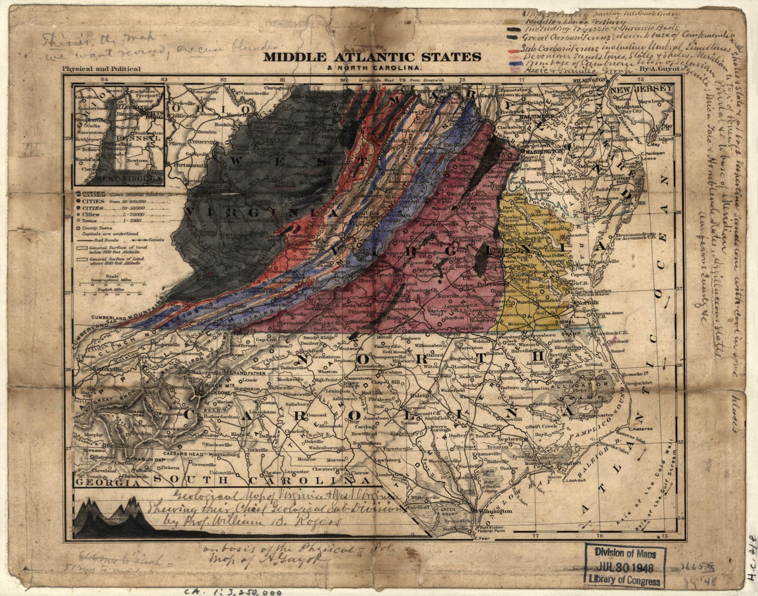 This old map of Divisions (divisions, Middle Atlantic States & North Carolina : Physical and Political / by A. Guyot) from 1870 was created by A. (Arnold) Guyot, William Barton Rogers in 1870