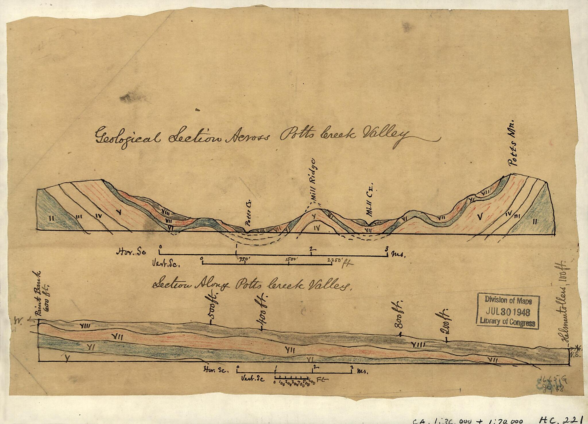 This old map of Geological Section Across Potts Creek Valley ; Section Along Potts Creek Valley from 1880 was created by in 1880