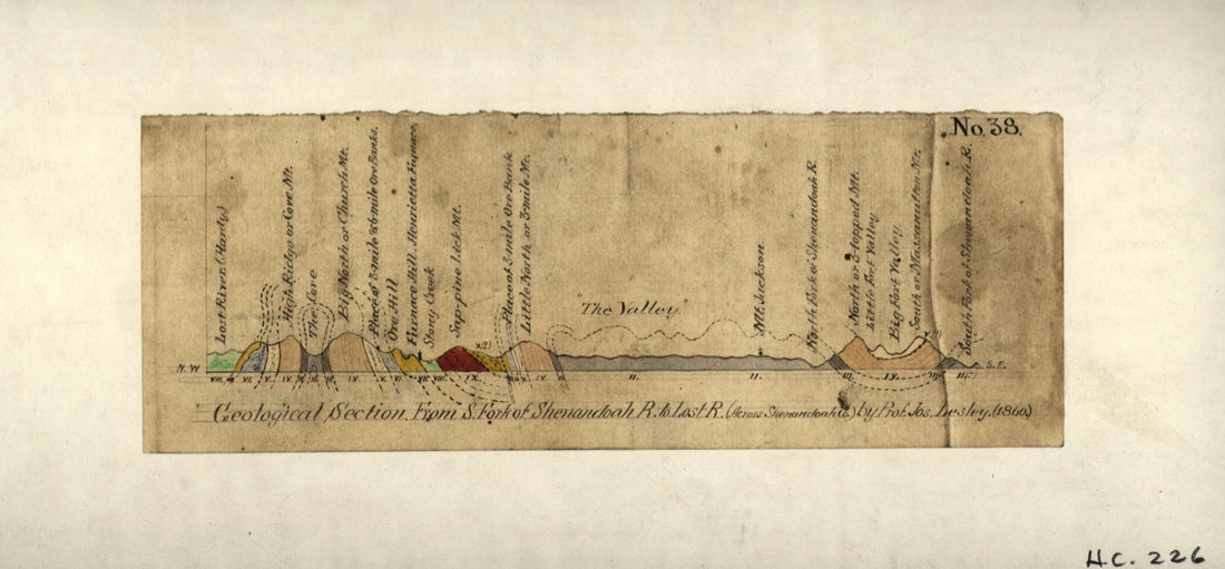 This old map of Geological Section from S. Fork of Shenandoah R. to Lost R. (across Shenandoah Co.) (Geological Section from South Fork of Shenandoah River to Lost River (across Shenandoah Co.)) from 1860 was created by Joseph Lesley in 1860