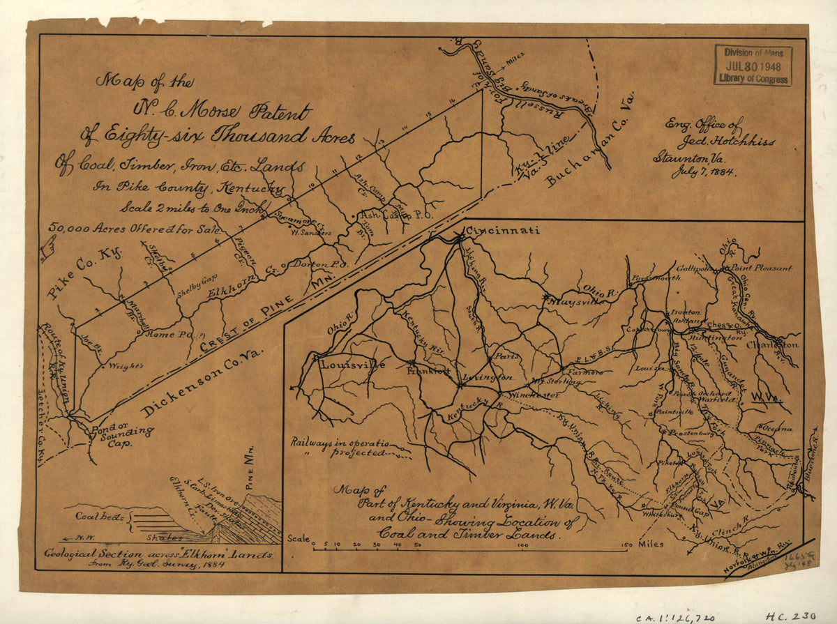 Six Thousand Acres of Coal, Timber, Iron, Etc. Lands In Pike County, Kentucky ; Map of Part of Kentucky and Virginia, W. Va., and Ohio Showing Location of Coal and Timber Lands 1884 by Relic Map Company