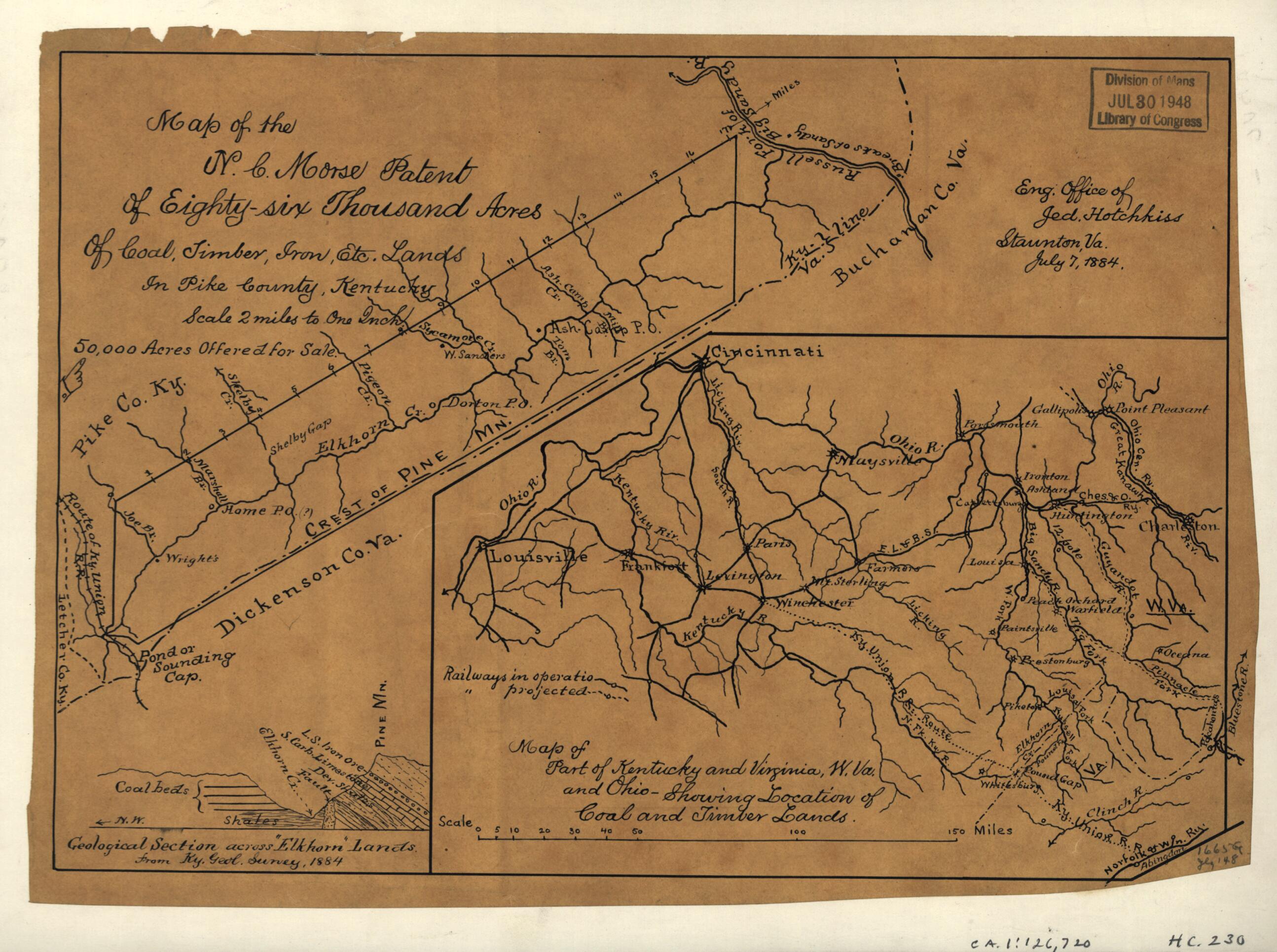 This old map of Six Thousand Acres of Coal, Timber, Iron, Etc. Lands In Pike County, Kentucky ; Map of Part of Kentucky and Virginia, W. Va., and Ohio Showing Location of Coal and Timber Lands from 1884 was created by Jedediah Hotchkiss in 1884