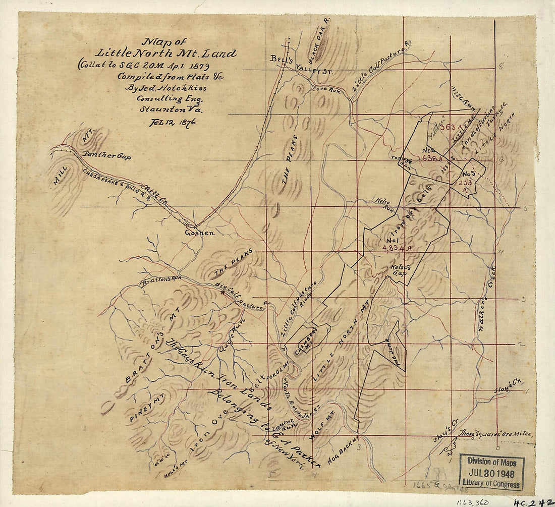 This old map of Map of Little North Mt. Land (collat to SGC 20m Ap. 1, 1879) (Map of Little North Mountain Land (collat to SGC 20m Ap. 1, 1879)) from 1876 was created by Jedediah Hotchkiss in 1876