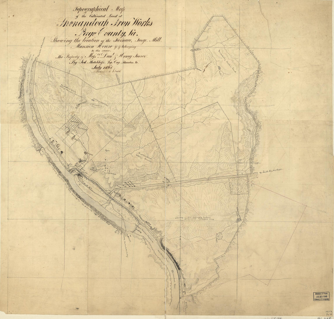This old map of Topographical Map of the Cultivated Land at Shenandoah Iron Works, Page County, Va. : Showing the Location of the Furnace, Forge, Mill, Mansion House &c. &c. Belonging to the Same : the Property of Messrs. Dan&
