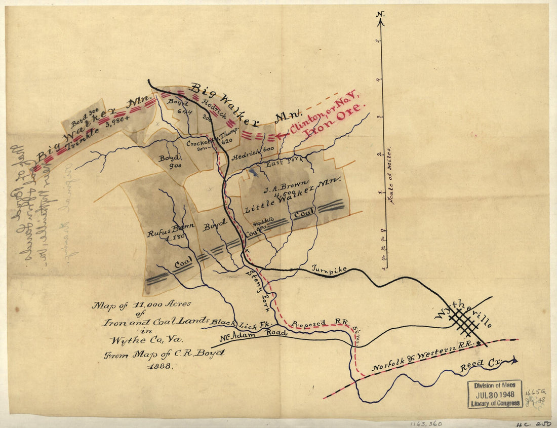 This old map of Map of 11,000 Acres of Iron and Coal Lands In Wythe Co., Va. (Map of Boyd Coal & Iron Lands Near Wytheville, Va) from 1888 was created by Charles Rufus Boyd in 1888