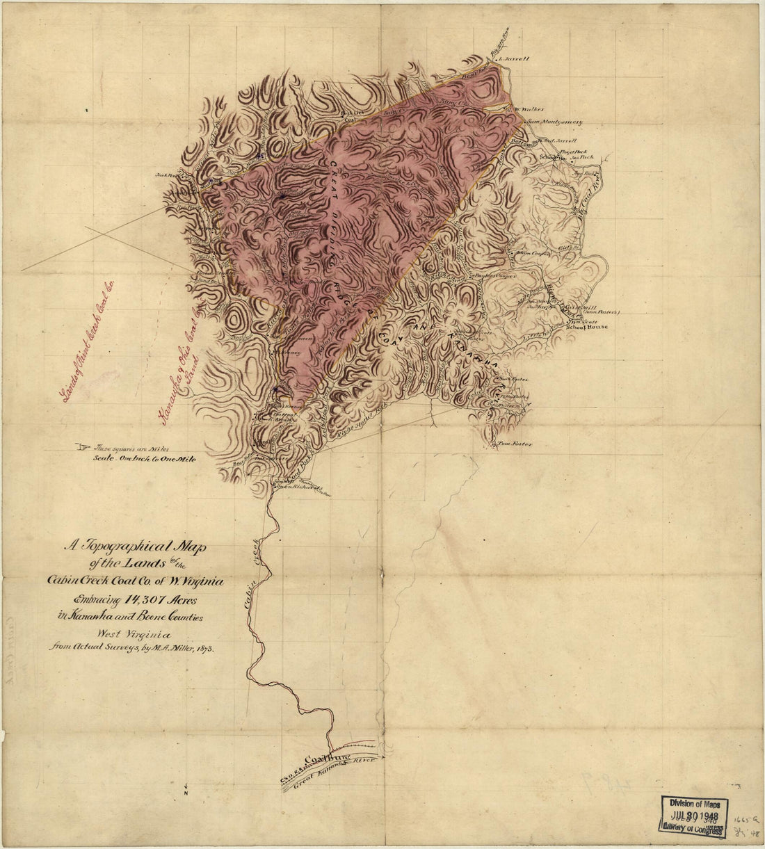 This old map of A Topographical Map of the Lands of the Cabin Creek Coal Co. of W. Virginia Embracing 14,307 Acres In Kanawha and Boone Counties, West Virginia from 1873 was created by M. A. Miller in 1873