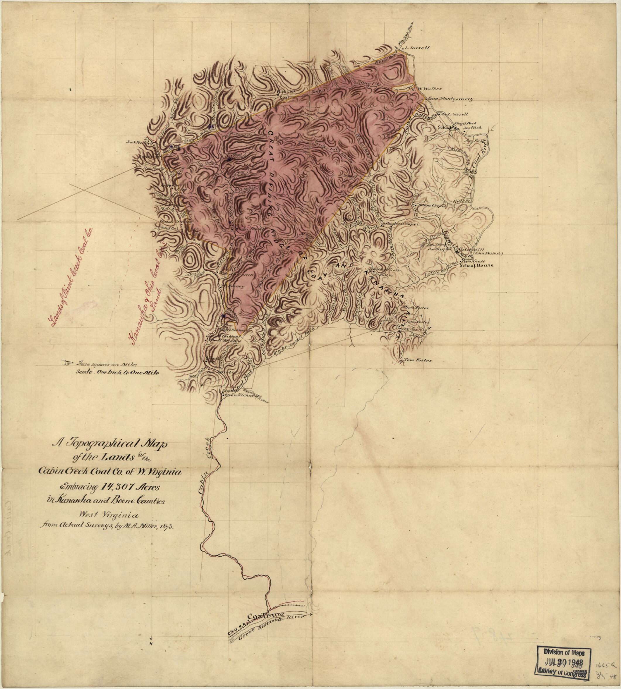 This old map of A Topographical Map of the Lands of the Cabin Creek Coal Co. of W. Virginia Embracing 14,307 Acres In Kanawha and Boone Counties, West Virginia from 1873 was created by M. A. Miller in 1873