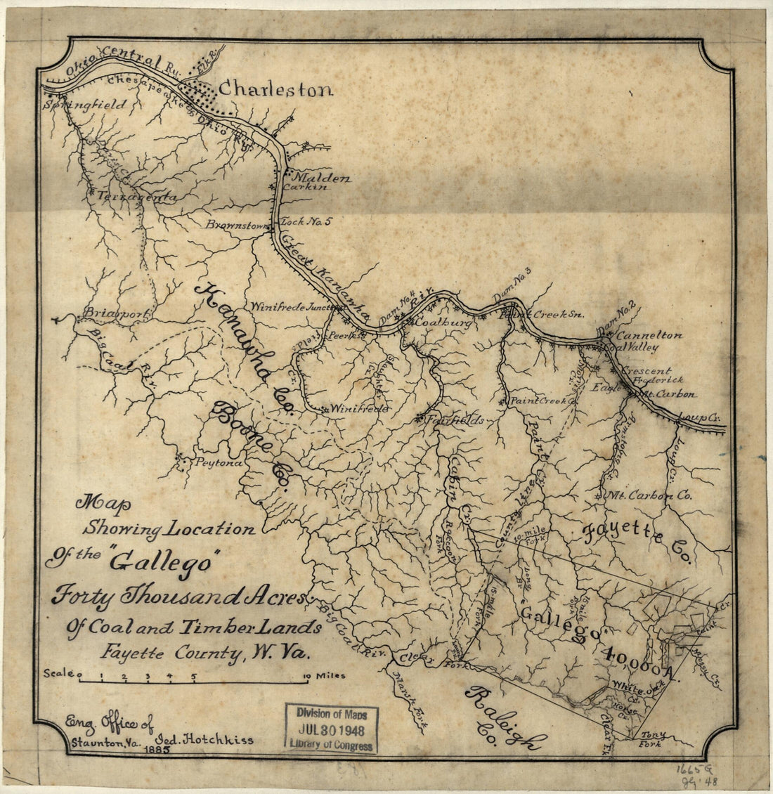 This old map of Map Showing Location of the Gallego Forty Thousand Acres of Coal and Timber Lands, Fayette County, W. Va from 1885 was created by Jedediah Hotchkiss in 1885