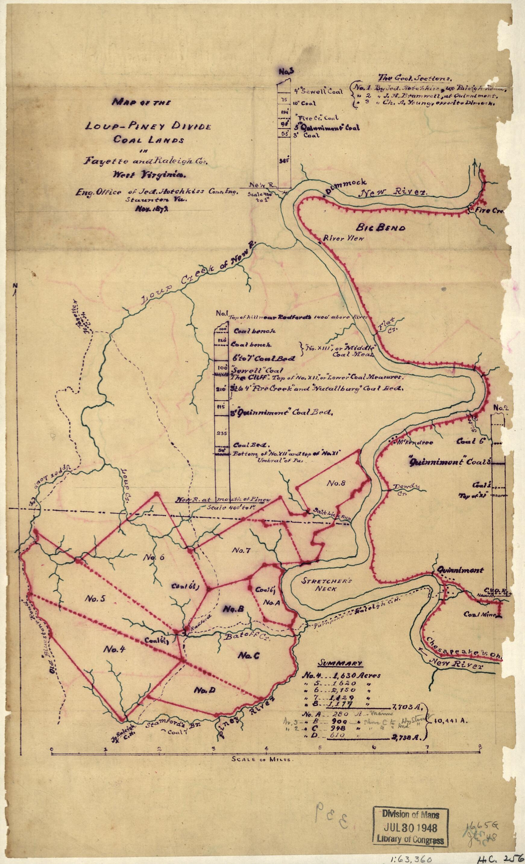 This old map of Piney Divide Coal Lands In Fayette and Raleigh Cos., West Virginia from 1879 was created by Jedediah Hotchkiss in 1879