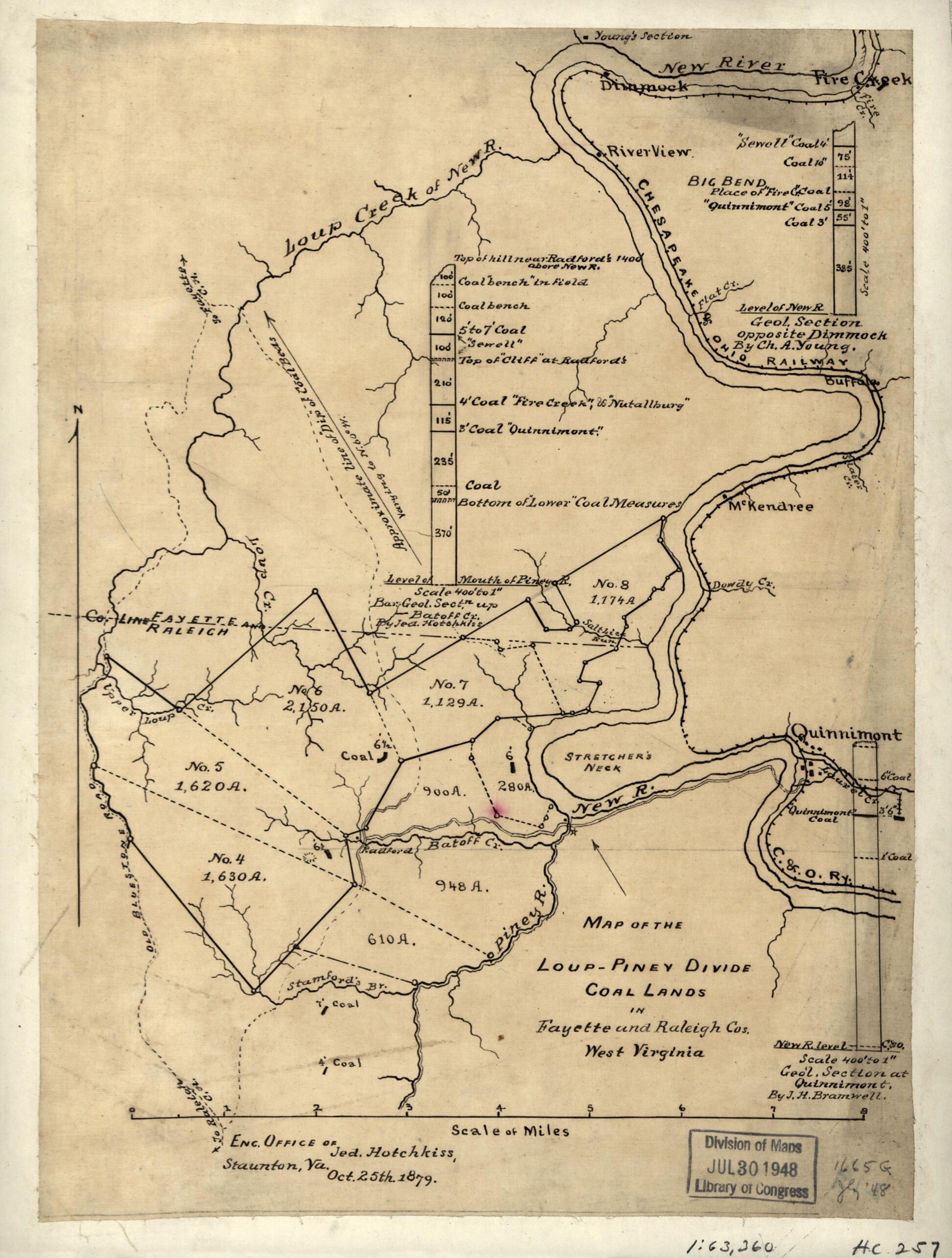 This old map of Piney Divide Coal Lands In Fayette and Raleigh Cos., West Virginia from 1879 was created by Jedediah Hotchkiss in 1879