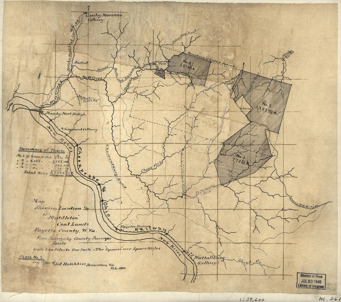 This old map of Map Showing Location &c. of Middleton Coal Lands, Fayette County, W. Va. (Map Showing Location Etc. of Middleton Coal Lands, Fayette County, W. Va) from 1882 was created by Jedediah Hotchkiss in 1882