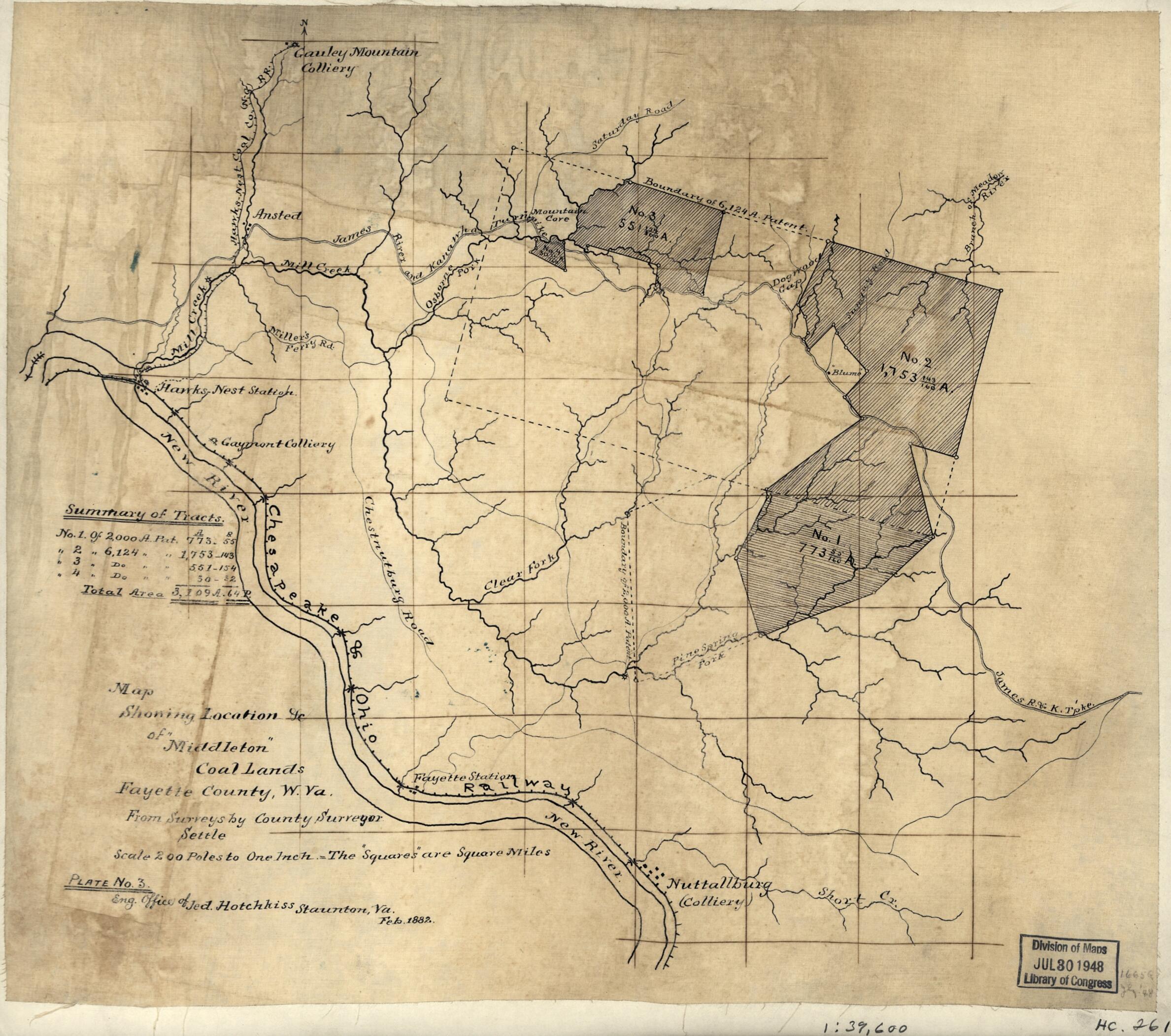 This old map of Map Showing Location &c. of Middleton Coal Lands, Fayette County, W. Va. (Map Showing Location Etc. of Middleton Coal Lands, Fayette County, W. Va) from 1882 was created by Jedediah Hotchkiss in 1882