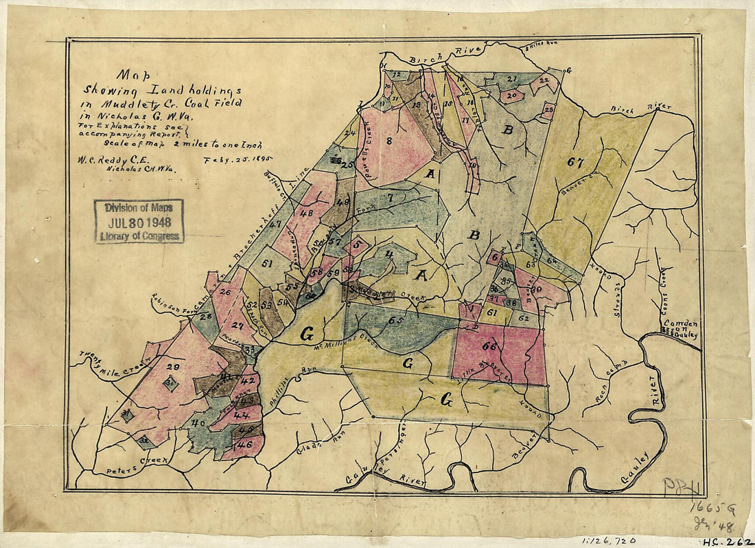 This old map of Map Showing Land Holdings In Muddlety Cr. Coal Field In Nicholas County, W. Va from 1895 was created by Walter Comfort Reddy in 1895