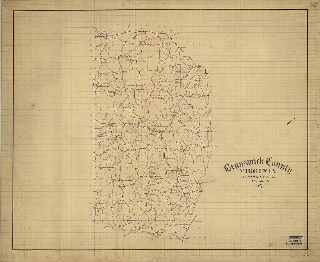 This old map of Brunswick County, Virginia from 1867 was created by Jedediah Hotchkiss in 1867