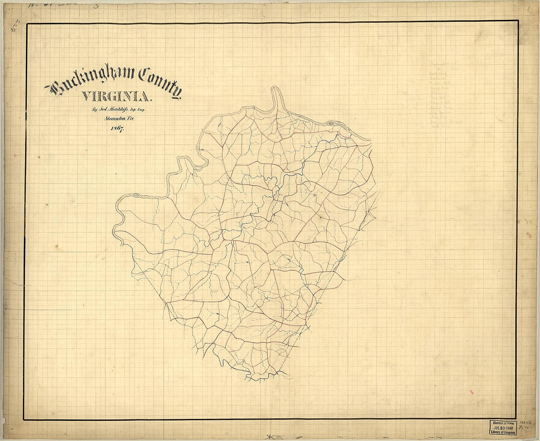 This old map of Buckingham County, Virginia from 1867 was created by Jedediah Hotchkiss in 1867