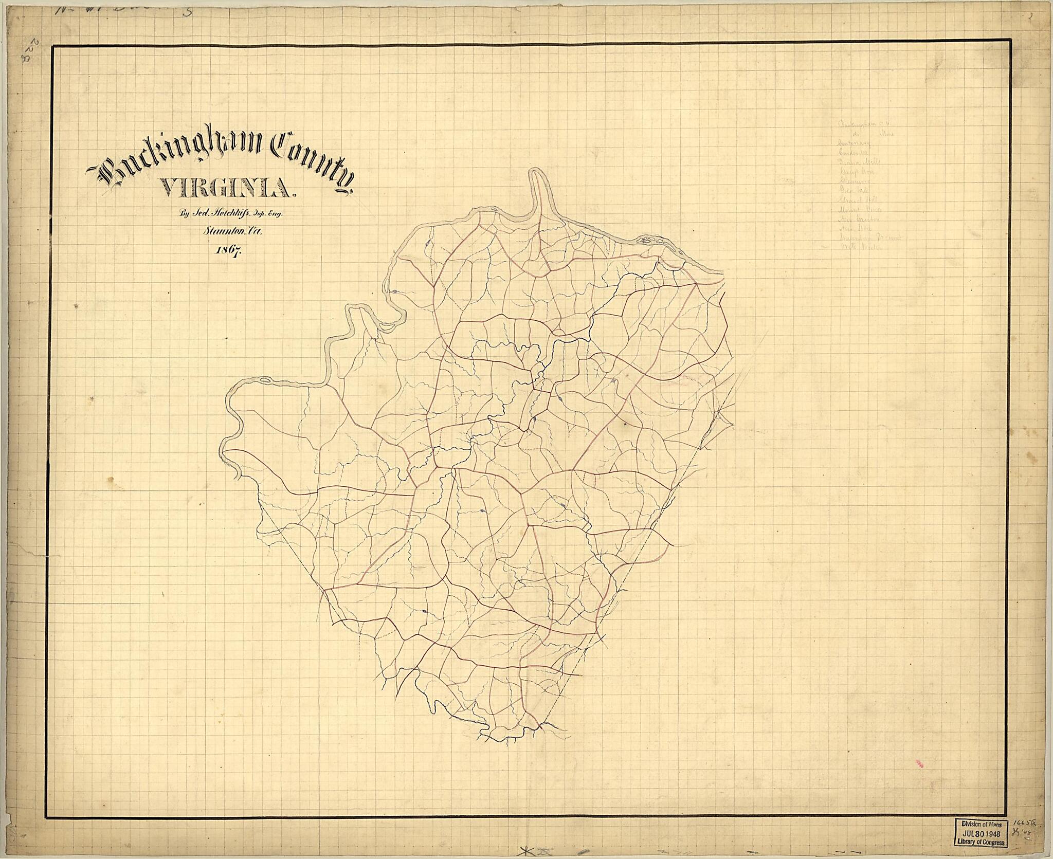 This old map of Buckingham County, Virginia from 1867 was created by Jedediah Hotchkiss in 1867