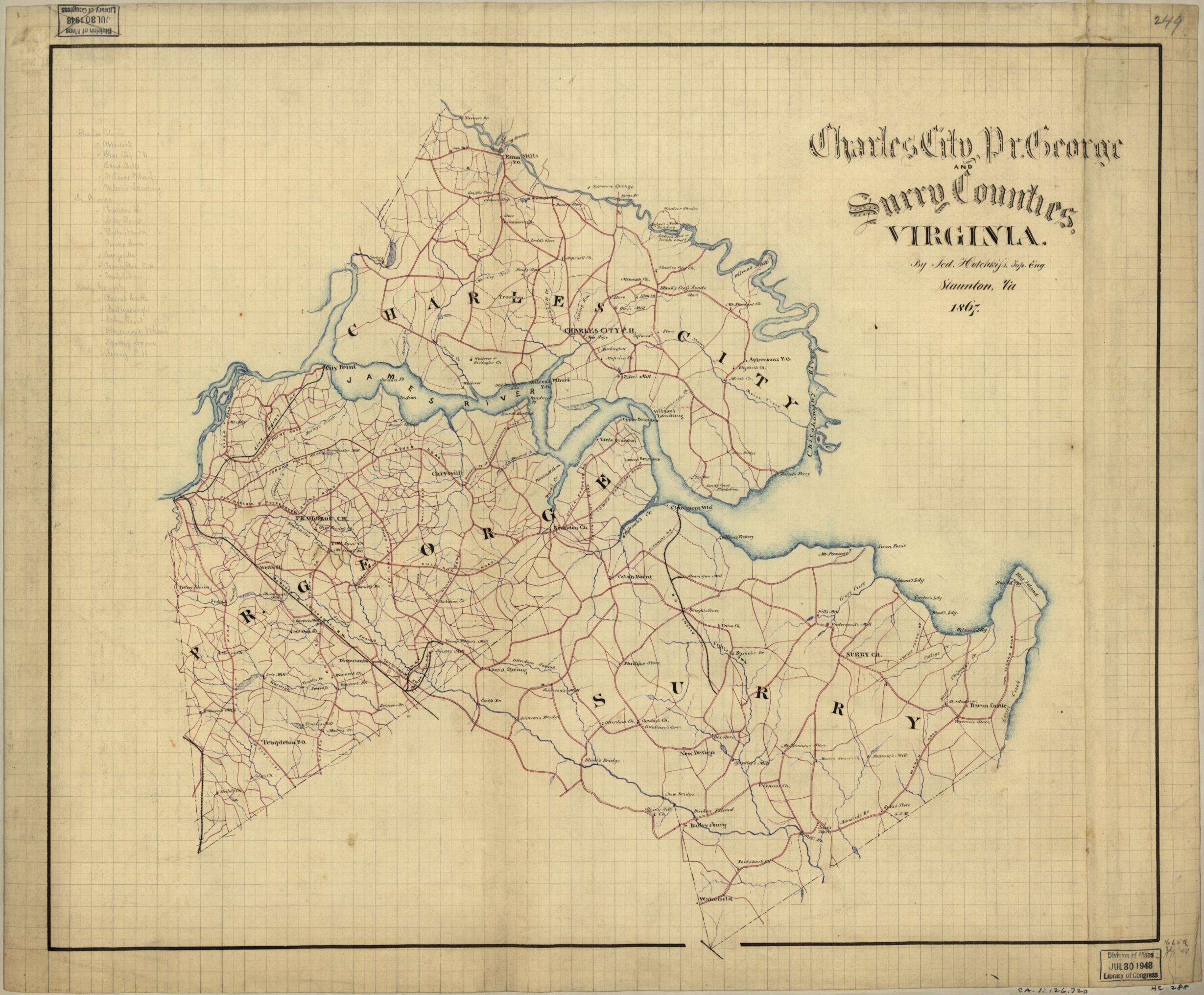 This old map of Charles City, Pr. George and Surry Counties, Virginia (Charles City, Prince George and Surry Counties, Virginia) from 1867 was created by Jedediah Hotchkiss in 1867