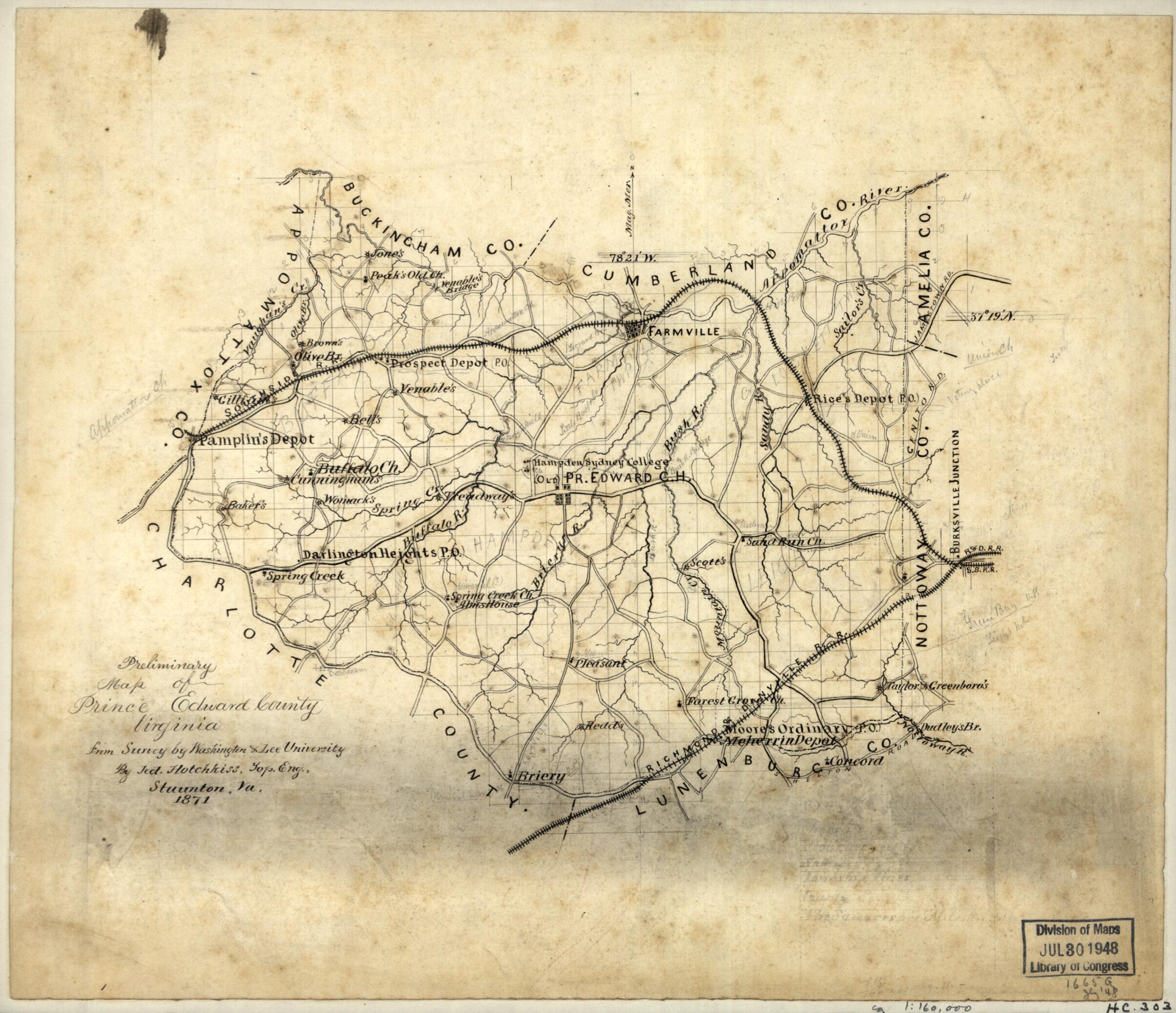 This old map of Preliminary Map of Prince Edward County, Virginia from 1871 was created by Jedediah Hotchkiss, Washington and Lee University in 1871