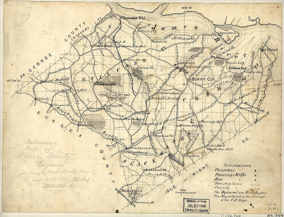 This old map of Preliminary Map of Surry County, Virginia from 1871 was created by Jedediah Hotchkiss, Washington and Lee University in 1871