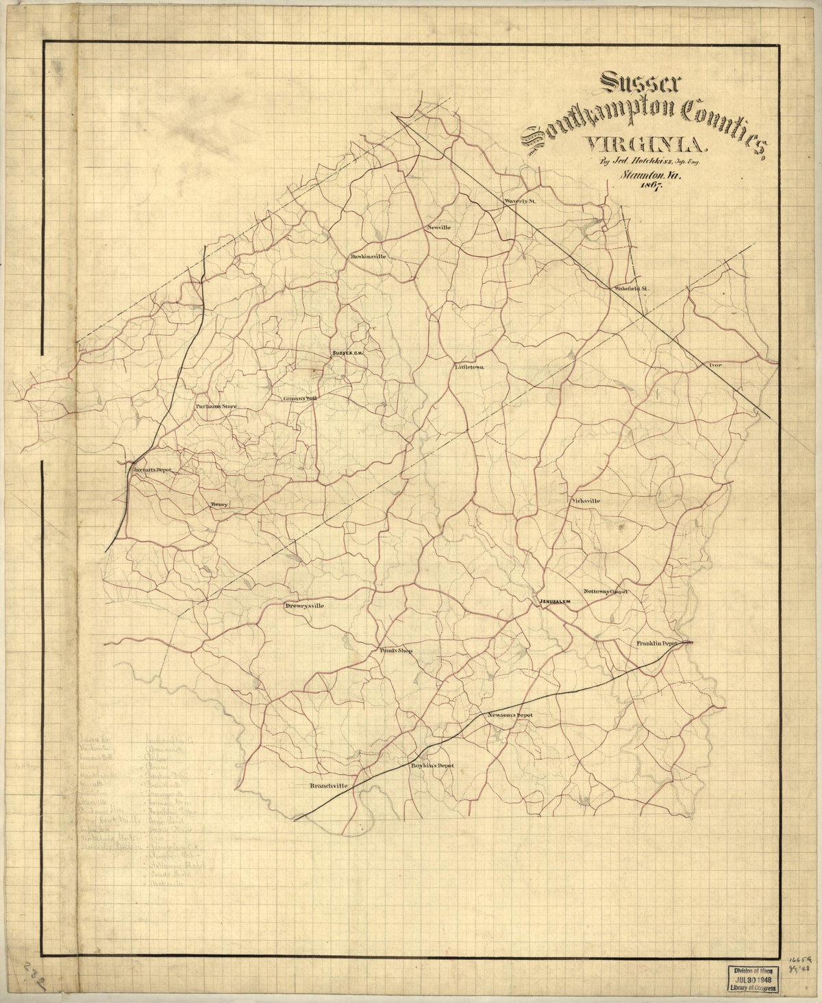 Sussex, Southampton Counties, Virginia in 1867 by Relic Map Company