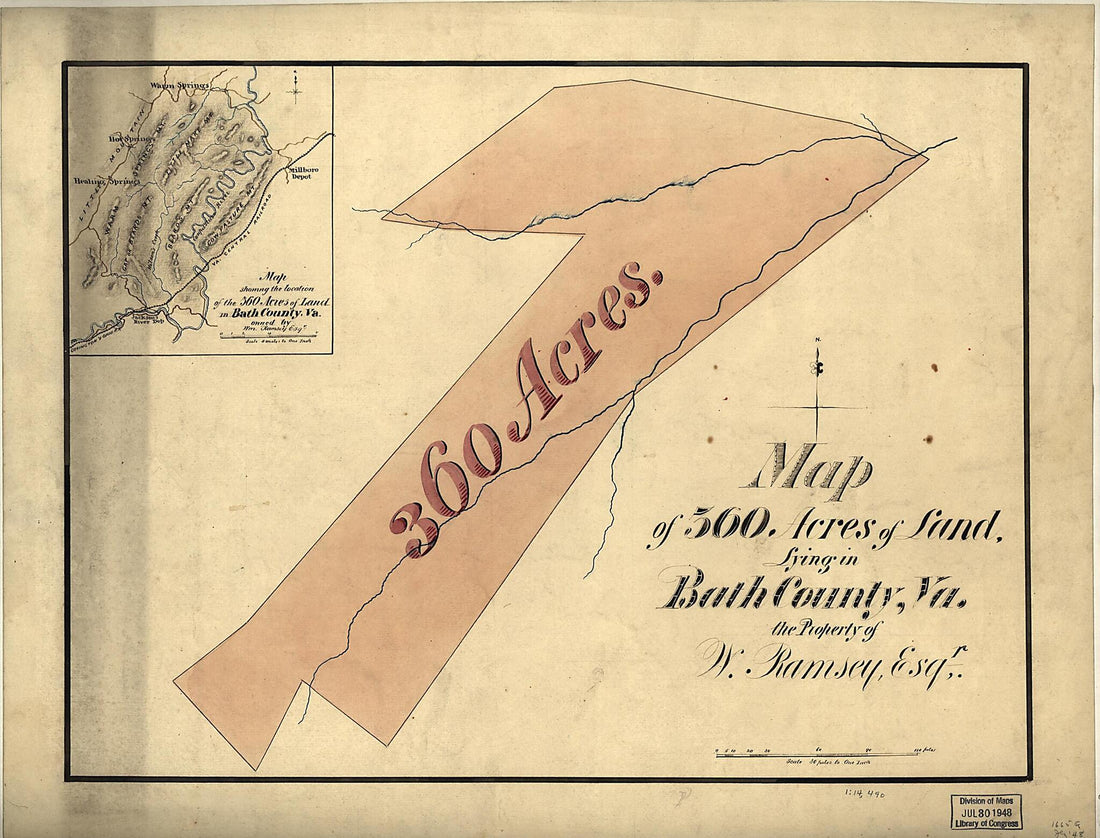 This old map of Map of 360 Acres of Land, Lying In Bath County, Va., the Property of W. Ramsey, Esq&