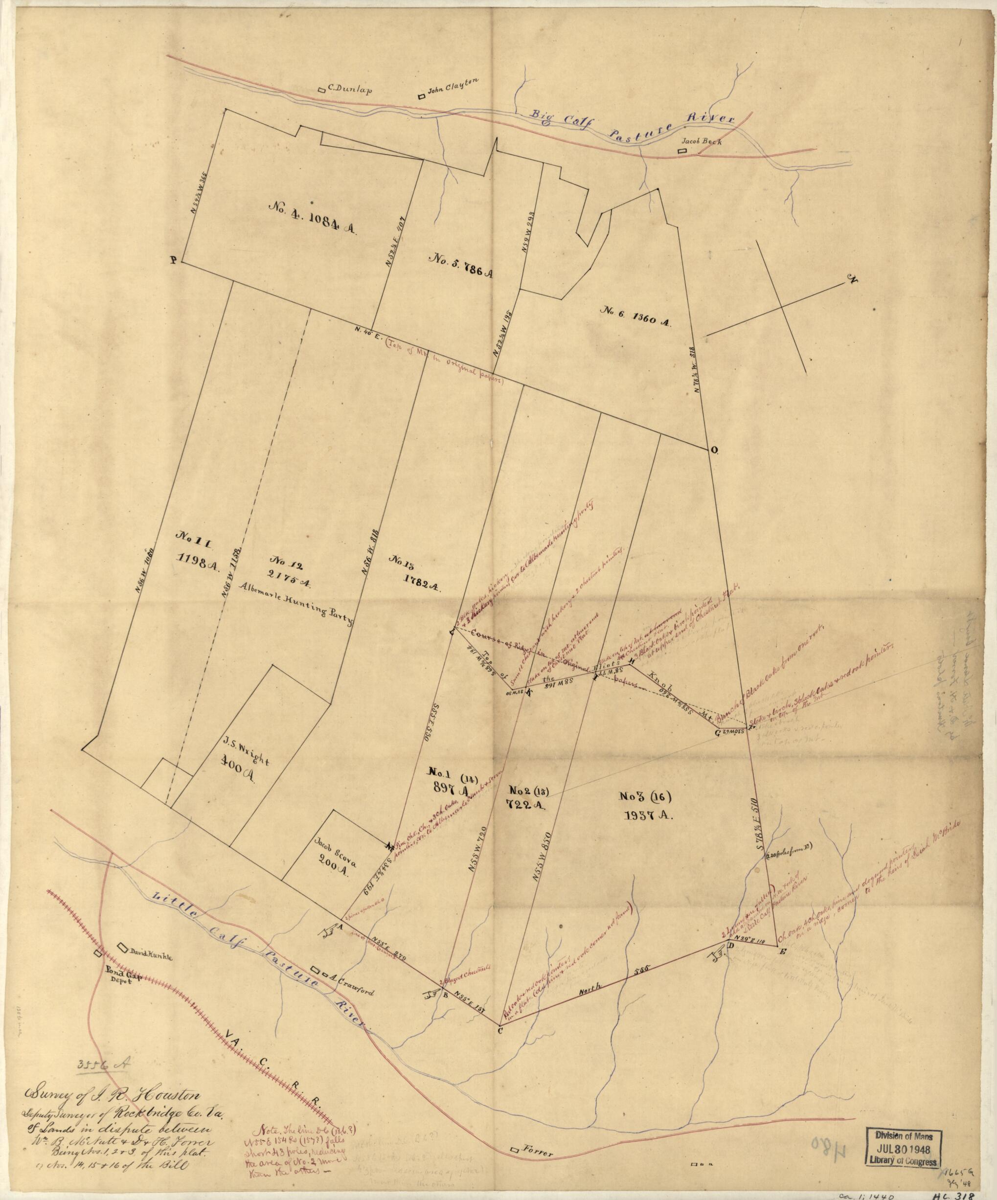 Survey of I. R. Houston, Deputy Surveyor of Rockbridge Co., Va. of Lands In Dispute Between Wm. B. McNutt & D.& H. Forrer, Being Nos. 1, 2 & 3 of This Plat (Nos. 14, 15 & 16 of the Bill) in 1870 by Relic Map Company