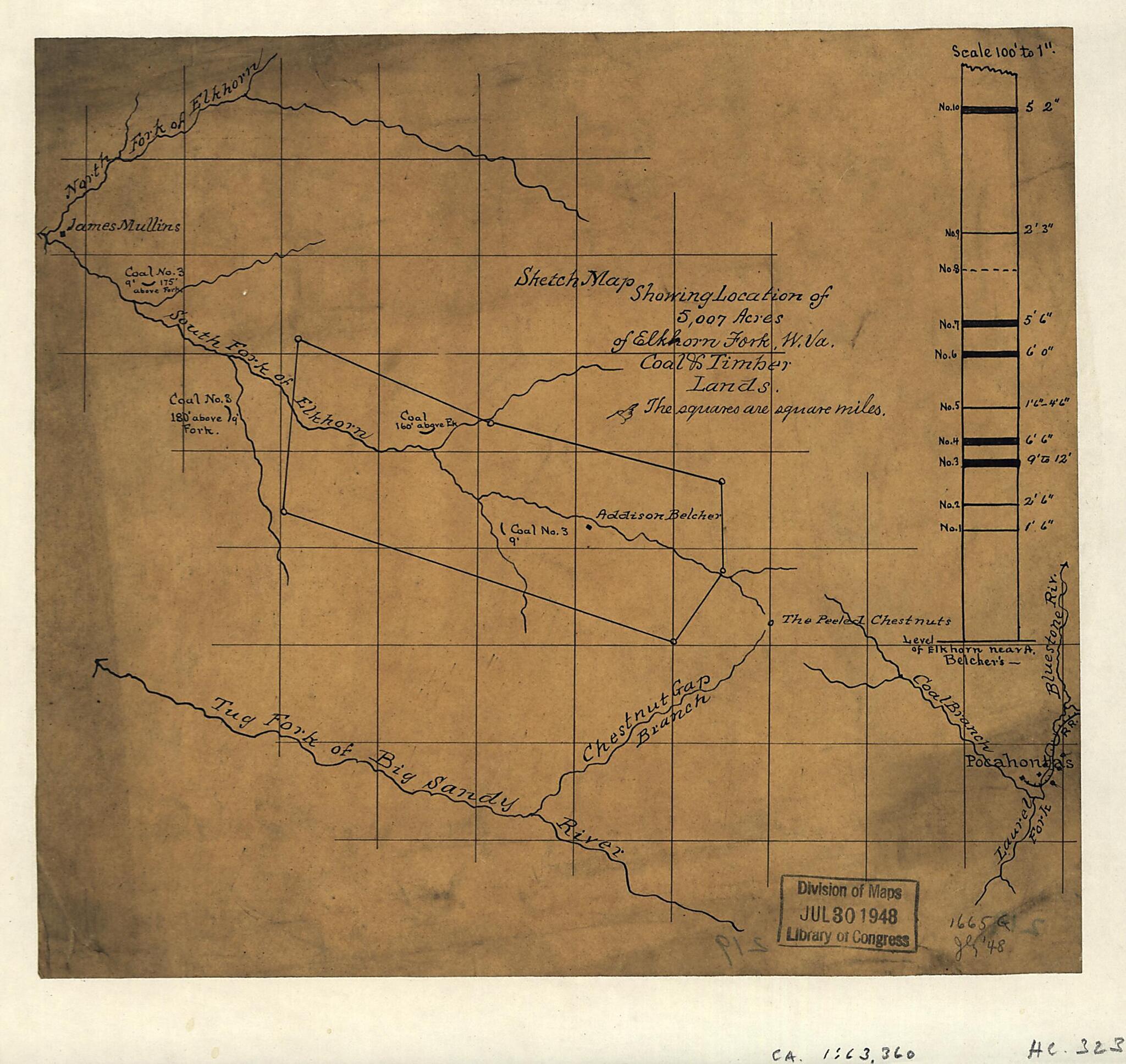 This old map of Sketch Map Showing Location of 5,007 Acres of Elkhorn Fork, W. Va. Coal & Timber Lands from 1870 was created by in 1870