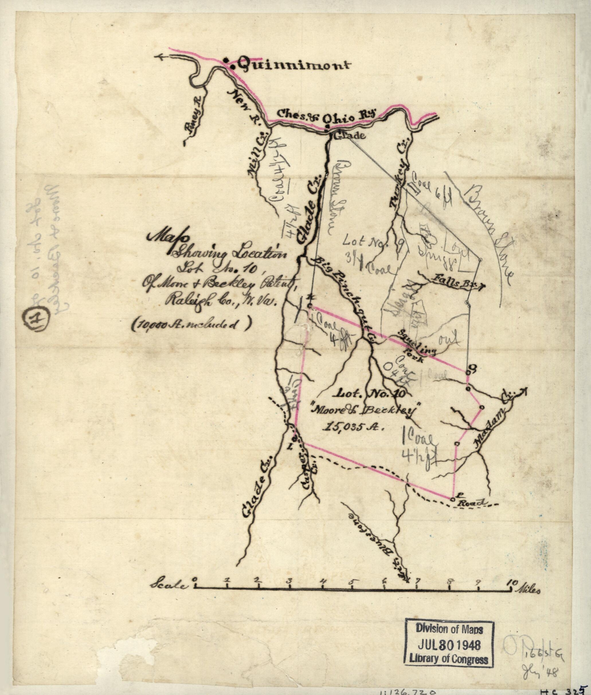 Map Showing Location Lot No. 10 of Moore & Beckley Patent, Raleigh Co., W. Va. (10,000 A. Included) 1880 by Relic Map Company