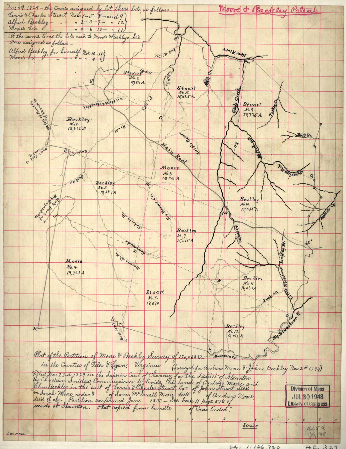 This old map of Plat of the Partition of Moore & Beckley Survey of 170,038 A. In the Counties of Giles & Logan, Virginia from 1794 was created by in 1794