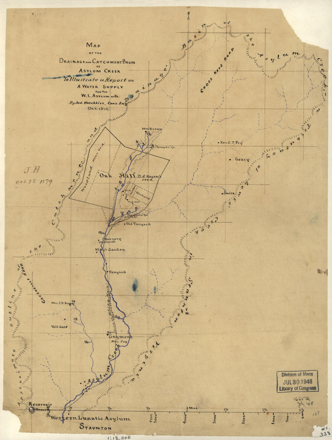 This old map of Map of the Drainage and Catchment Basin of Asylum Creek to Illustrate a Report On a Water Supply for the W.L. Asylum of Va from 1879 was created by Jedediah Hotchkiss, Western Lunatic Asylum (Va.) in 1879
