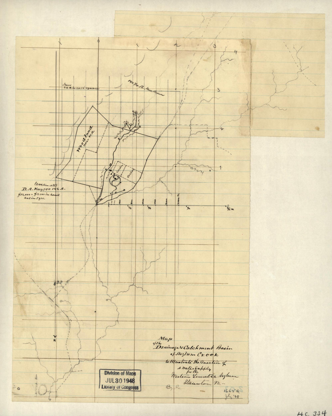 This old map of Map of the Drainage & Catchment Basin of Asylum Creek to Illustrate the Question of a Water Supply for the Western Lunatic Asylum, Staunton, Va. (Map of the Drainage and Catchment Basin of Asylum Creek to Illustrate the Question of a Wate
