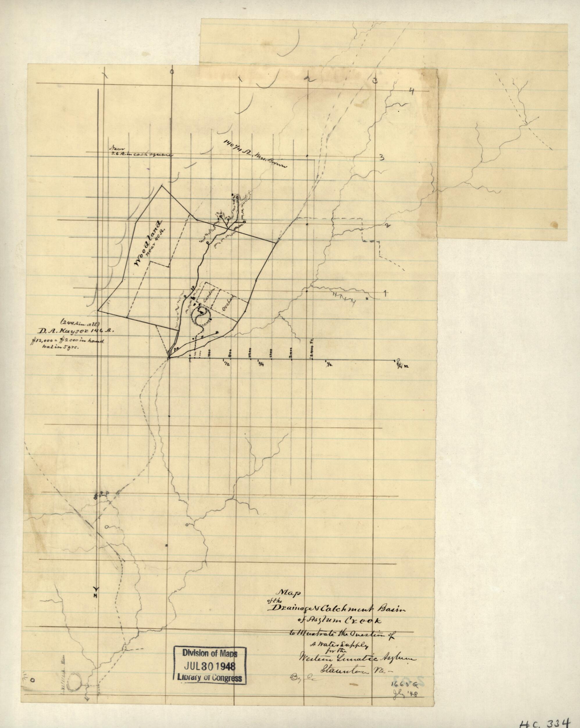 This old map of Map of the Drainage & Catchment Basin of Asylum Creek to Illustrate the Question of a Water Supply for the Western Lunatic Asylum, Staunton, Va. (Map of the Drainage and Catchment Basin of Asylum Creek to Illustrate the Question of a Wate
